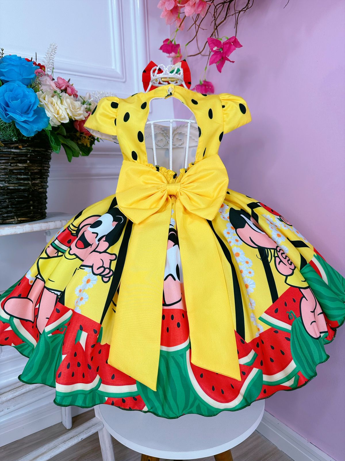 Vestido Infantil Magali Amarelo C/ Cinto de Pérolas e Laço