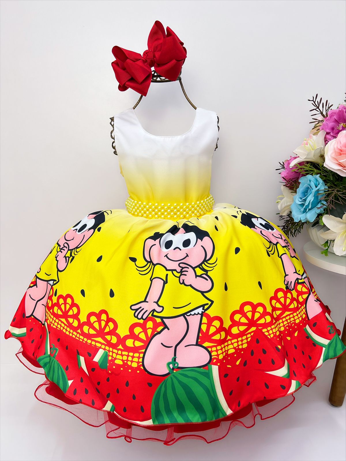 Vestido Infantil Magali Amarelo C/ Vermelho Cinto Pérolas