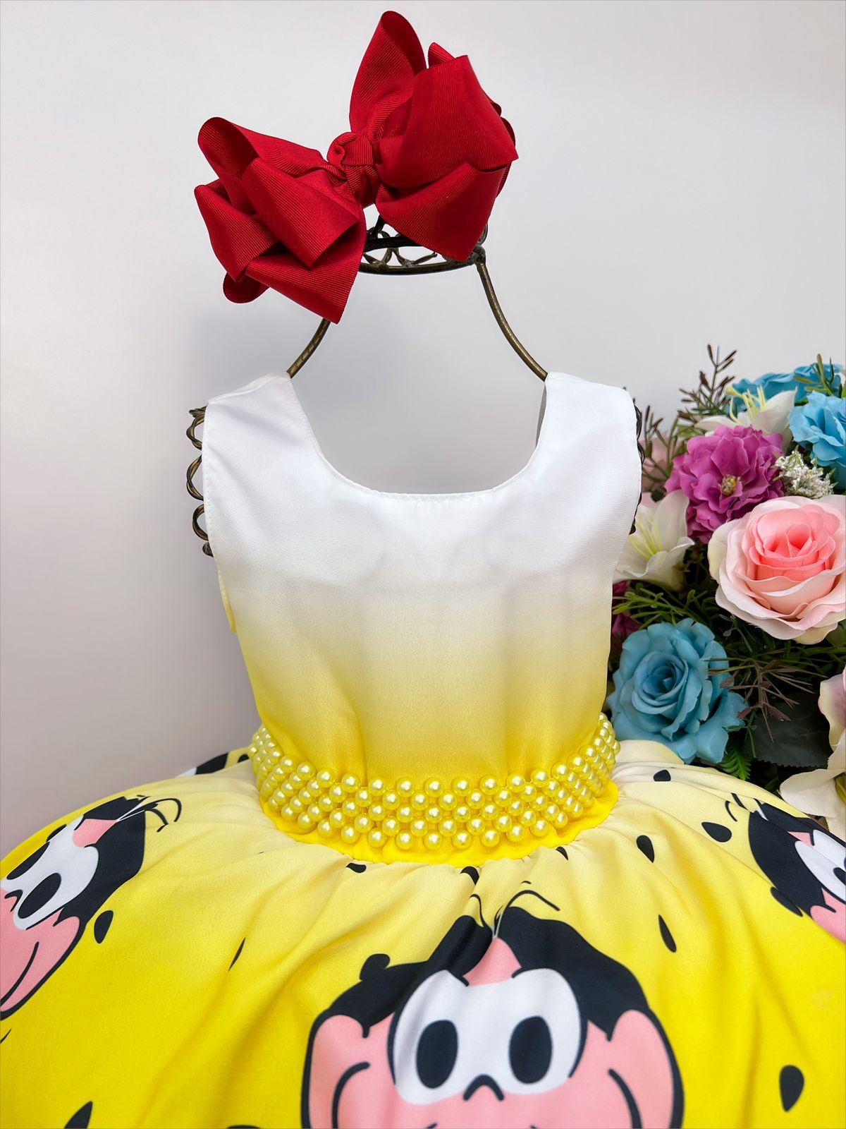 Vestido Infantil Magali Amarelo C/ Vermelho Cinto Pérolas