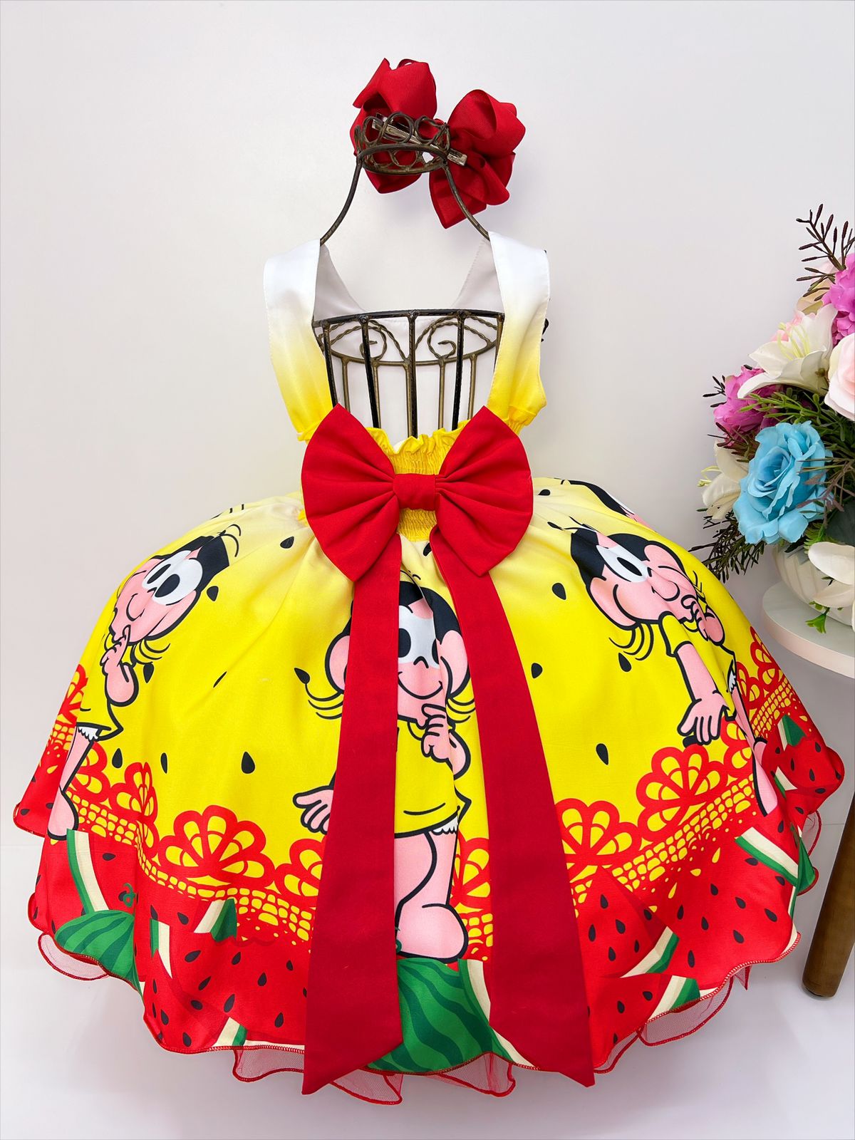 Vestido Infantil Magali Amarelo C/ Vermelho Cinto Pérolas