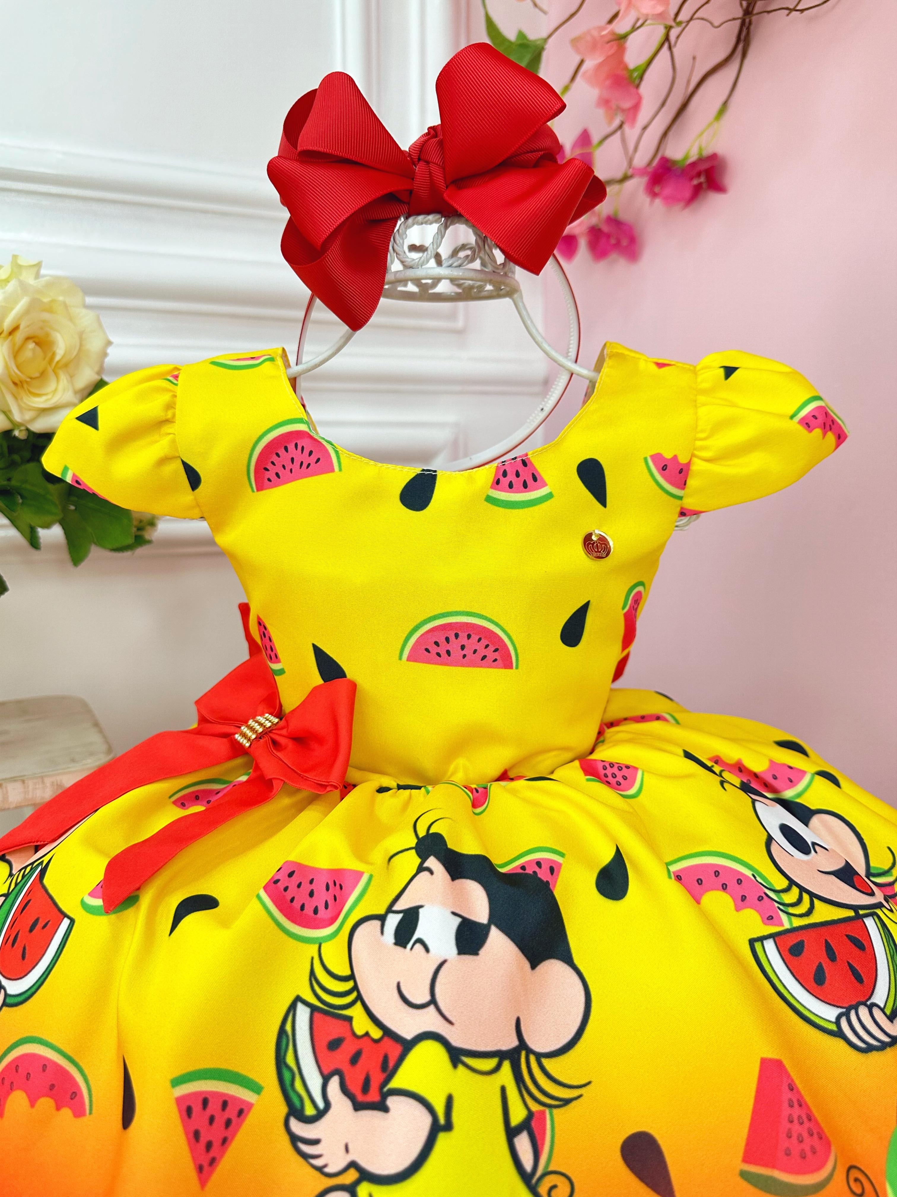 Vestido Infantil Magali Amarelo C/ Aplique de Laço Festas