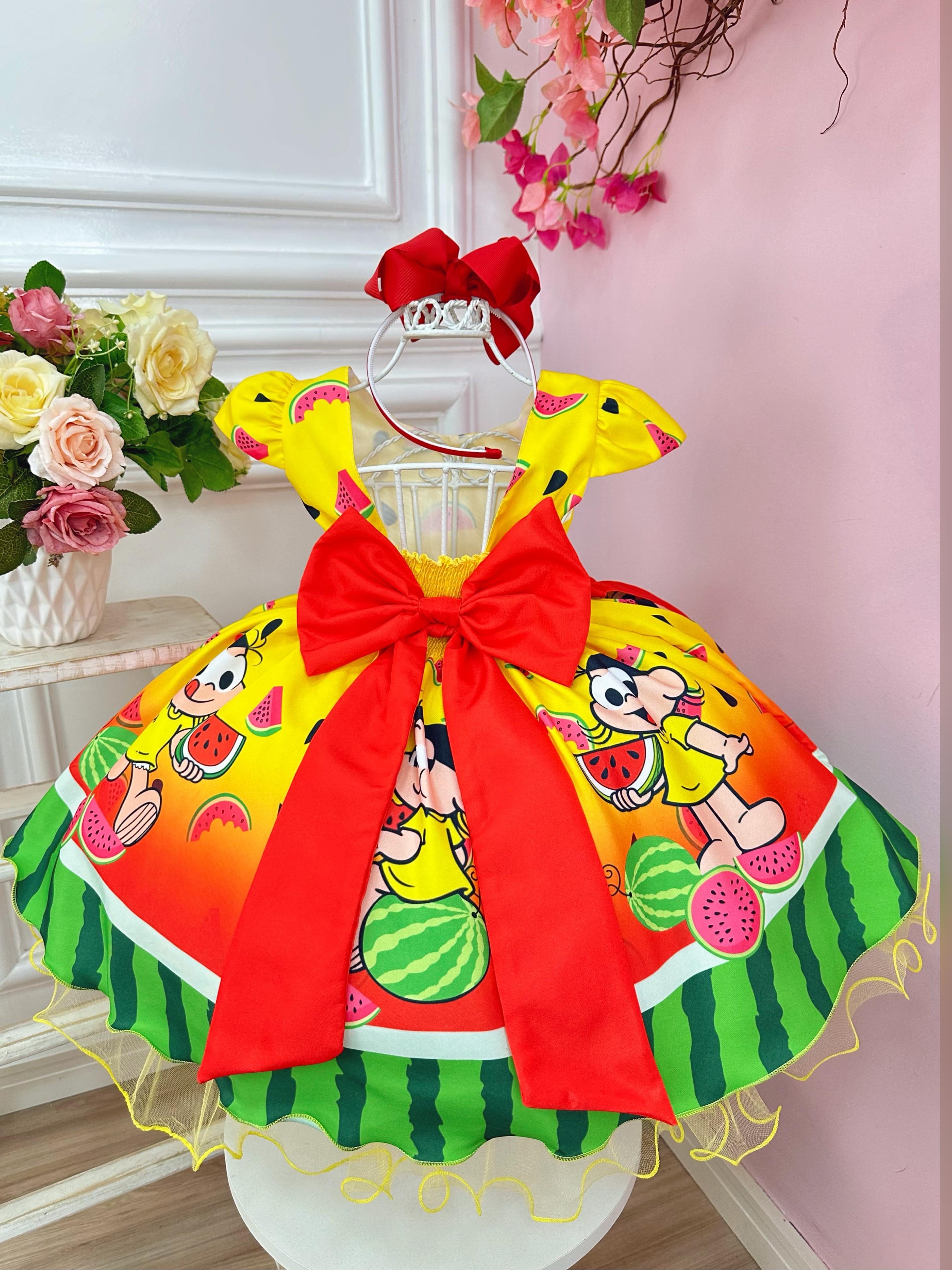 Vestido Infantil Magali Amarelo C/ Aplique de Laço Festas