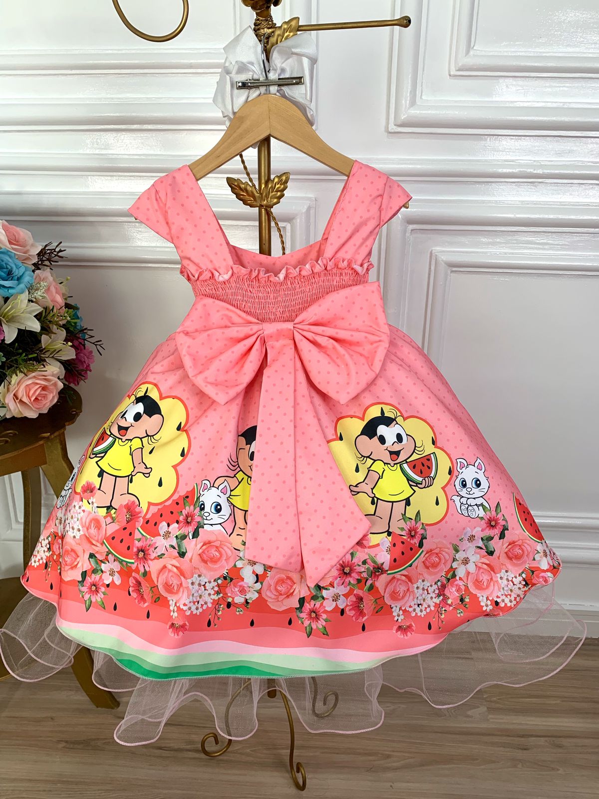 Vestido Infantil Magali Rosa Chiclete Flores Festa Luxo