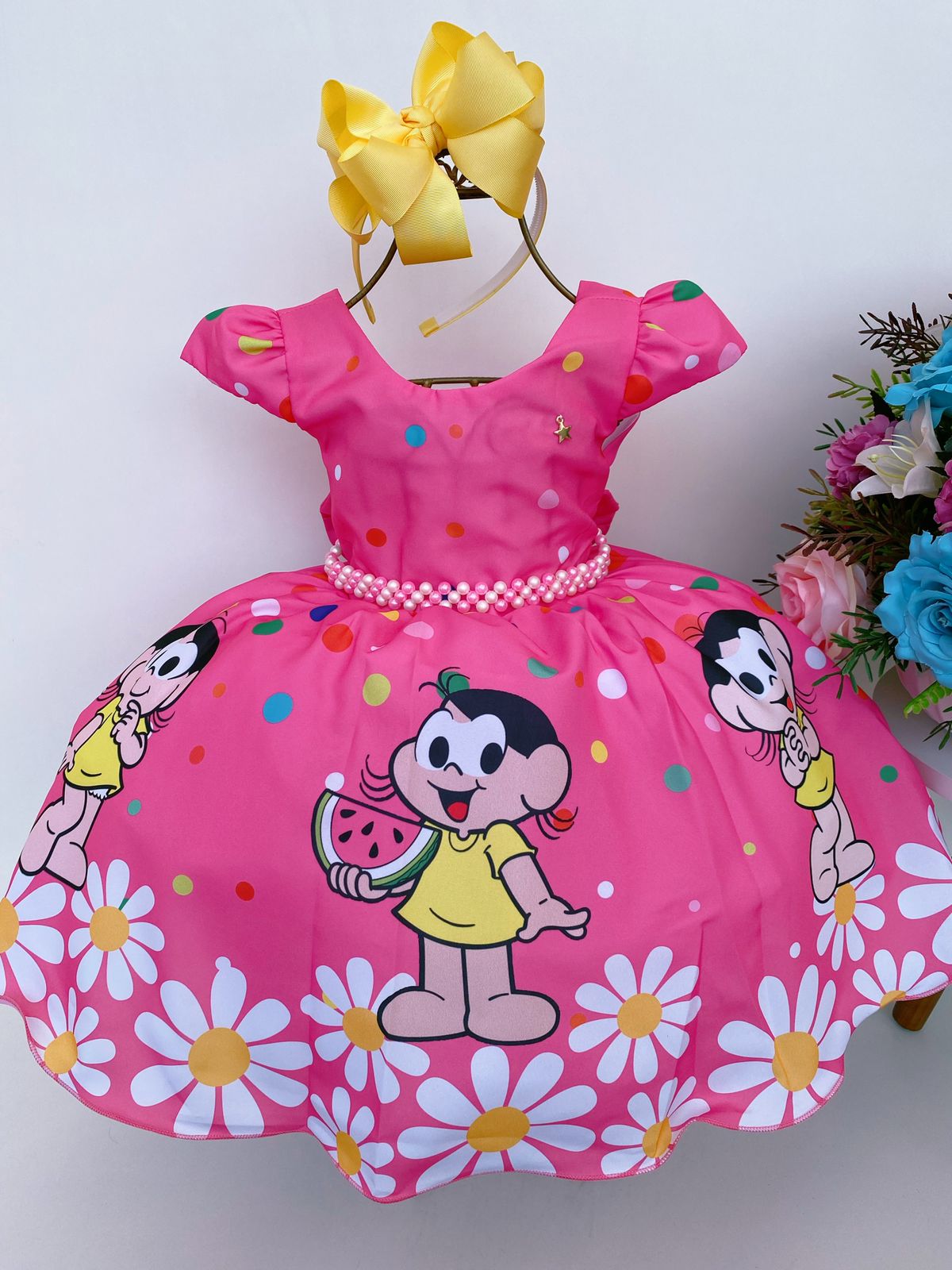 Vestido Infantil Magali Rosa Flores Cinto de Pérolas Luxo