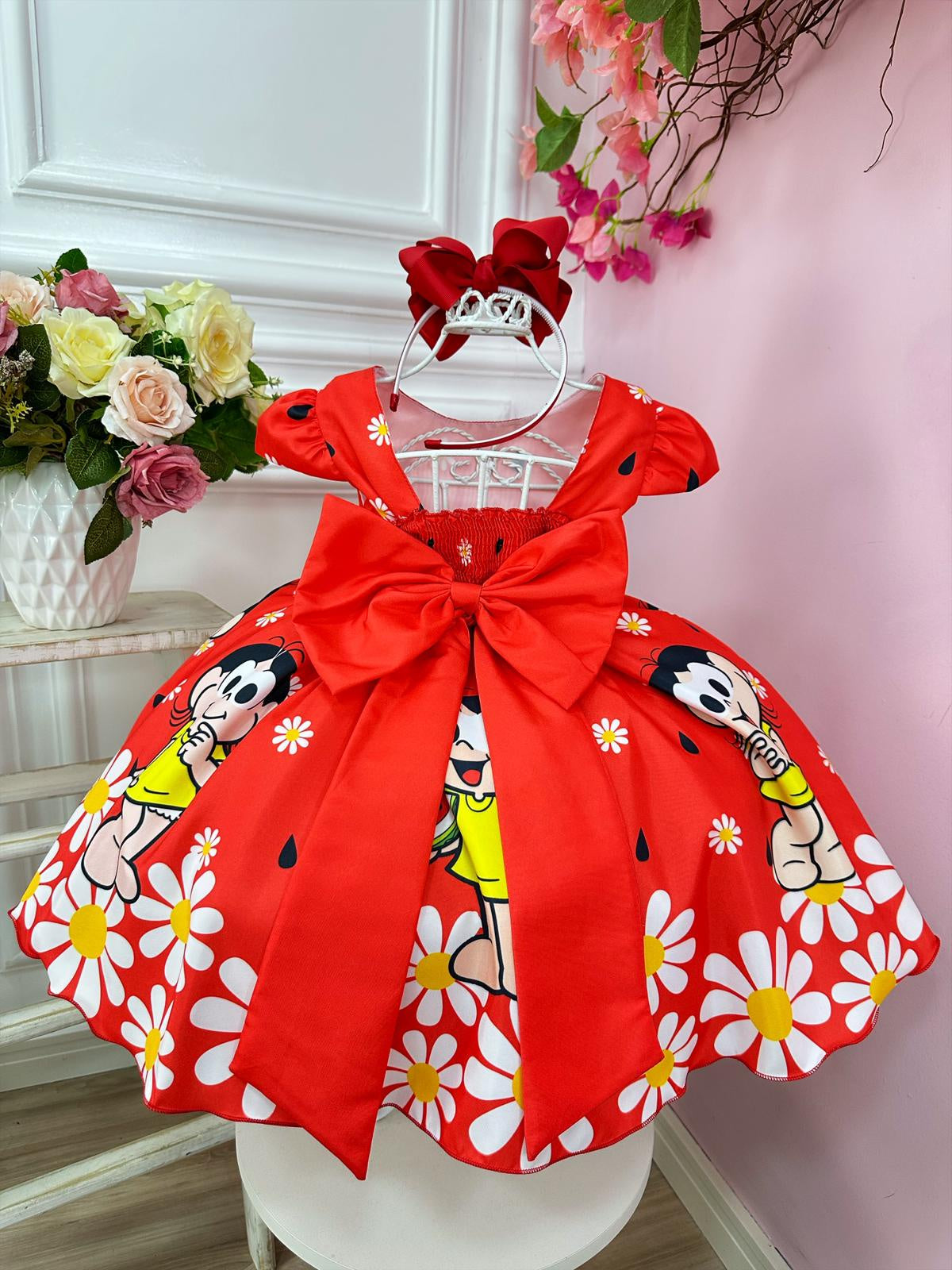 Vestido Infantil Magali Vermelha Flores Cinto de Pérolas