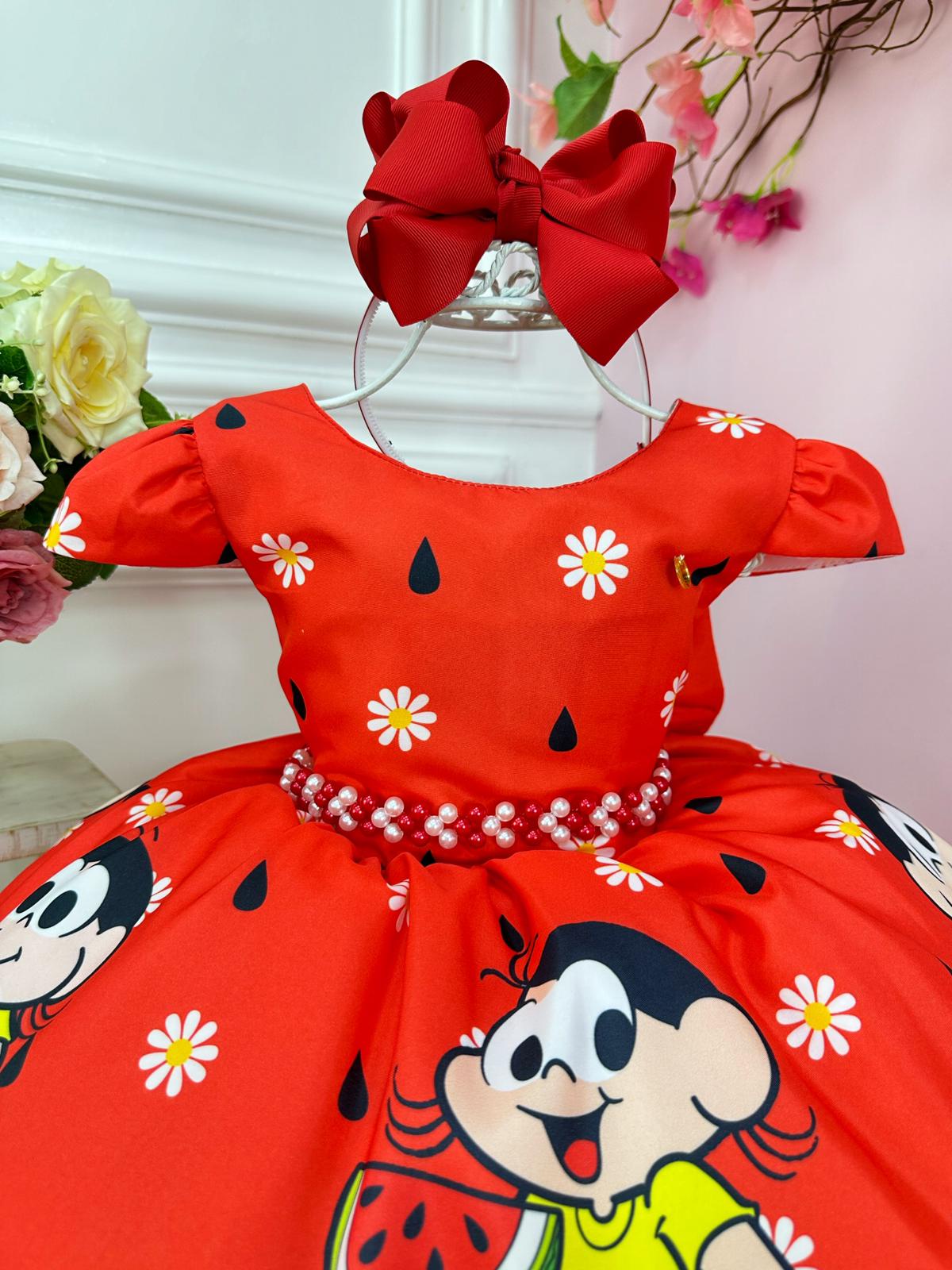 Vestido Infantil Magali Vermelha Flores Cinto de Pérolas