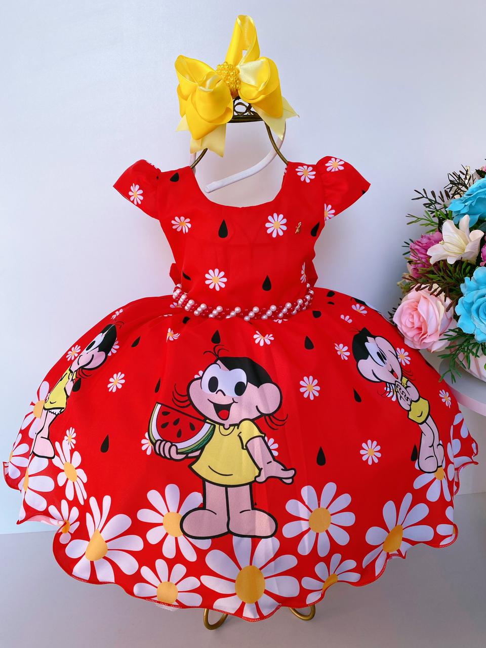 Vestido Infantil Magali Vermelha Flores Cinto Pérolas Luxo