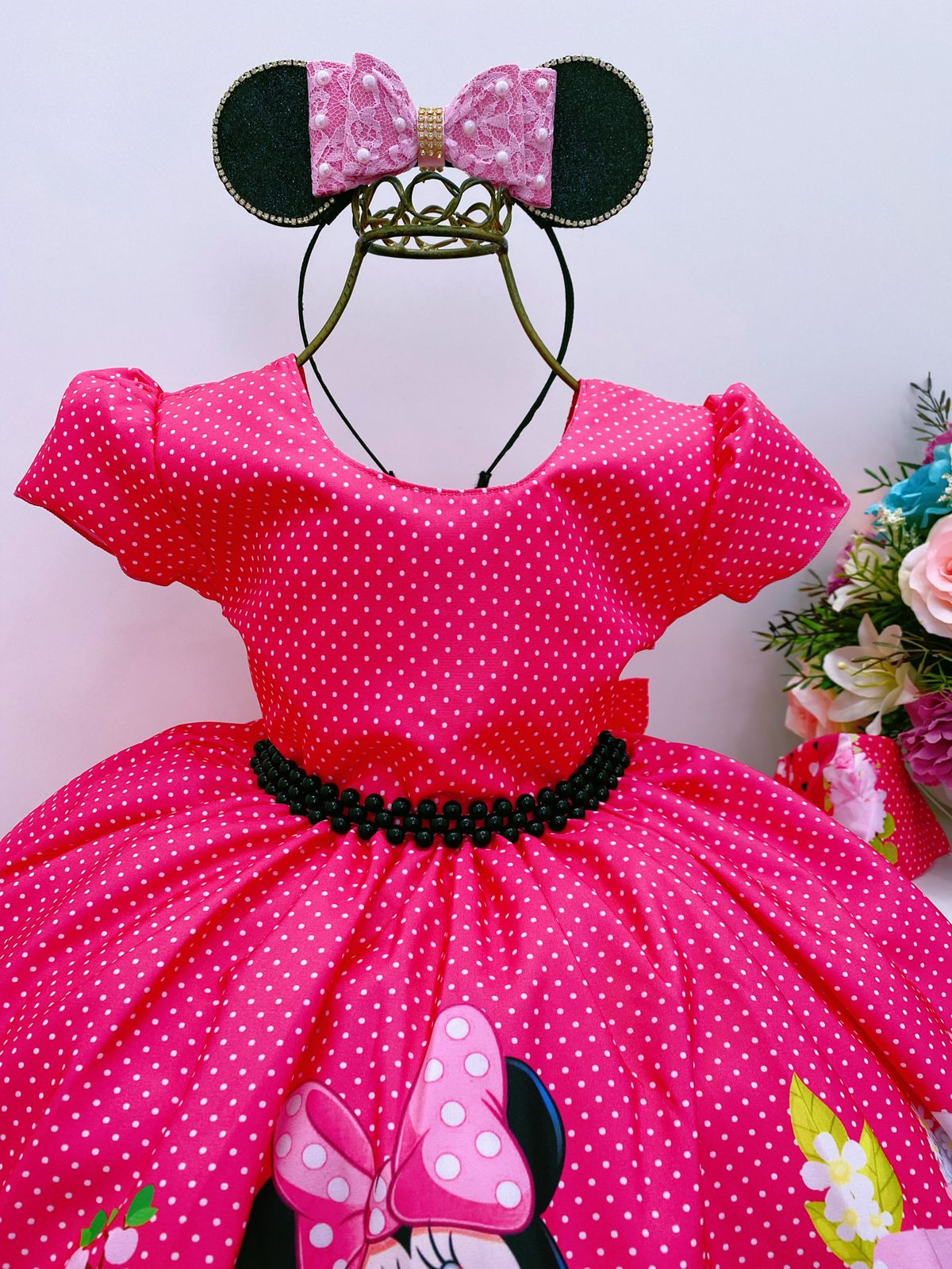 Vestido Infantil Minnie Pink Bolinhas Pérolas