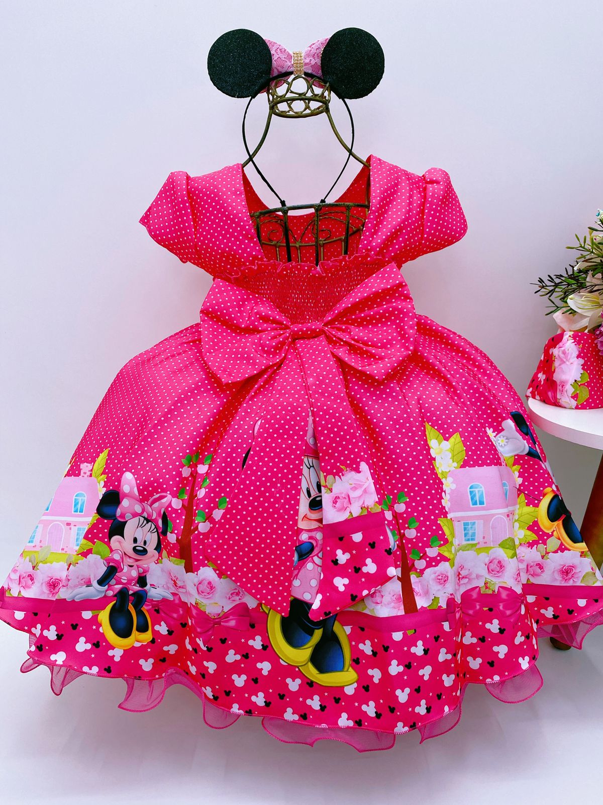 Vestido Infantil Minnie Pink Bolinhas Pérolas