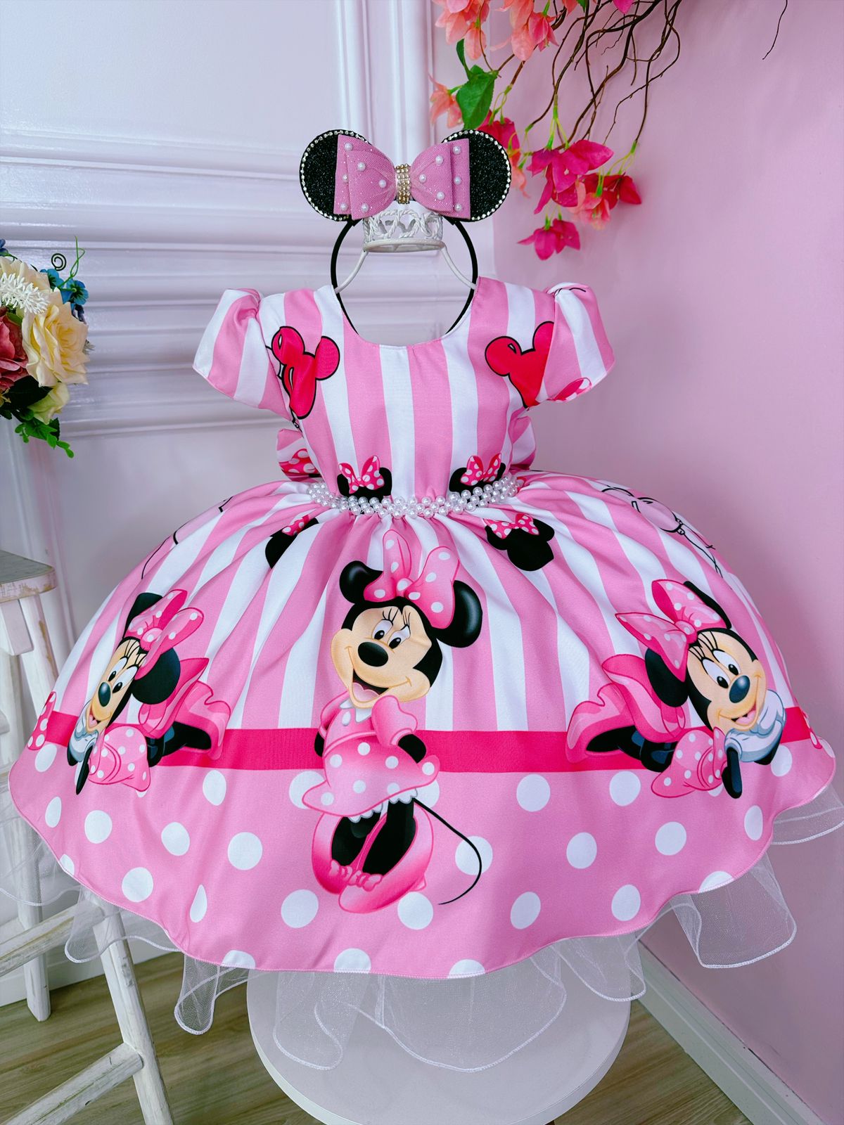 Vestido Infantil Minnie Rosa C/ Listras Cinto de Pérolas