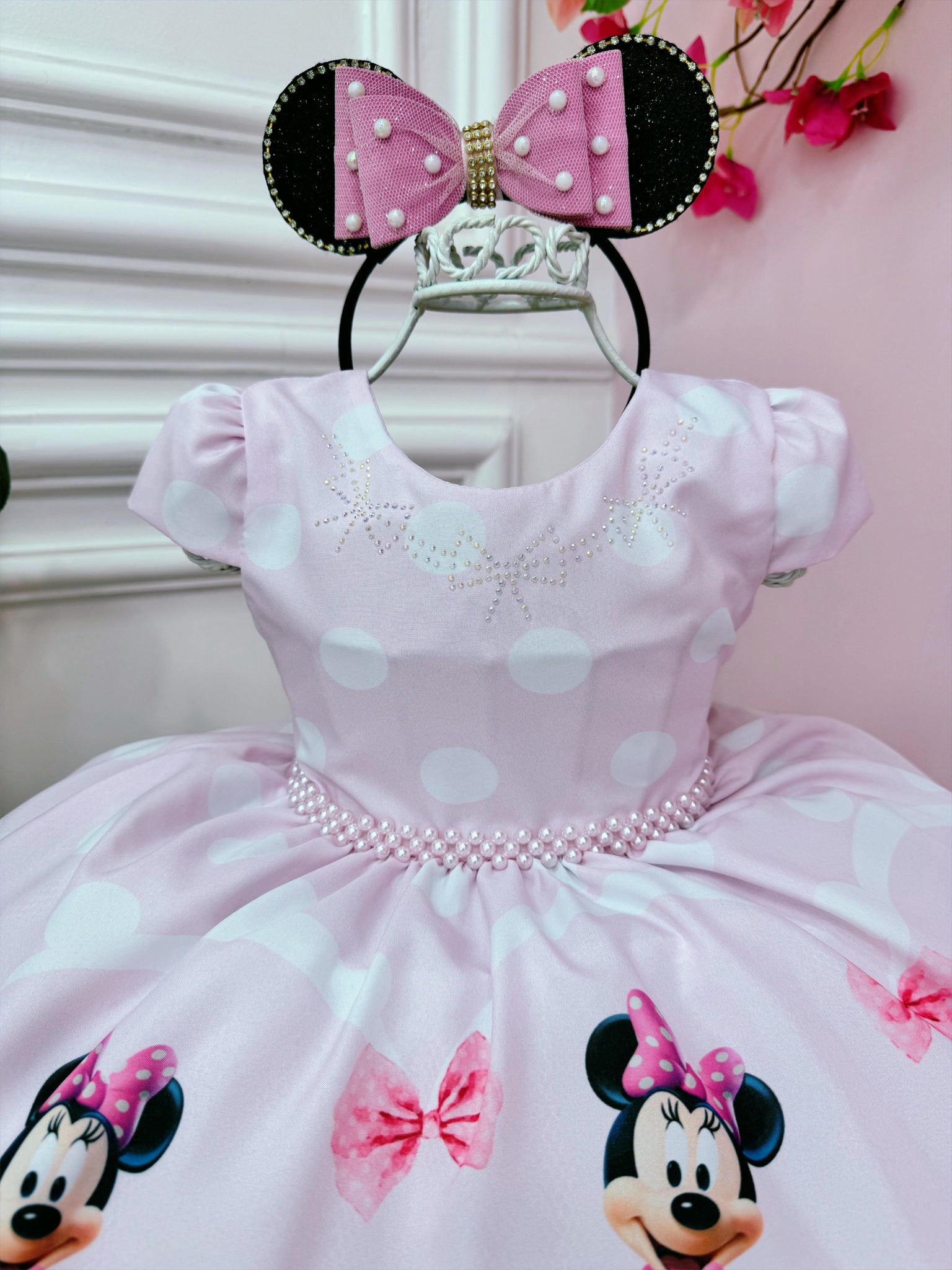 Vestido Infantil Minnie Rosa Com Bolinhas e Pérolas Luxo