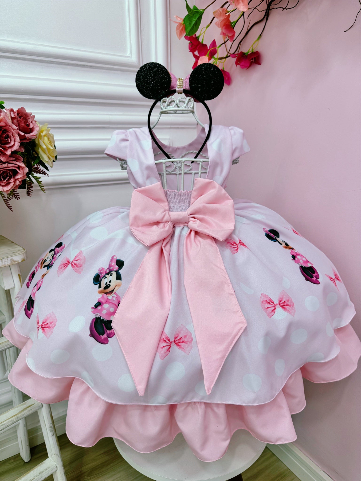 Vestido Infantil Minnie Rosa Com Bolinhas e Pérolas Luxo