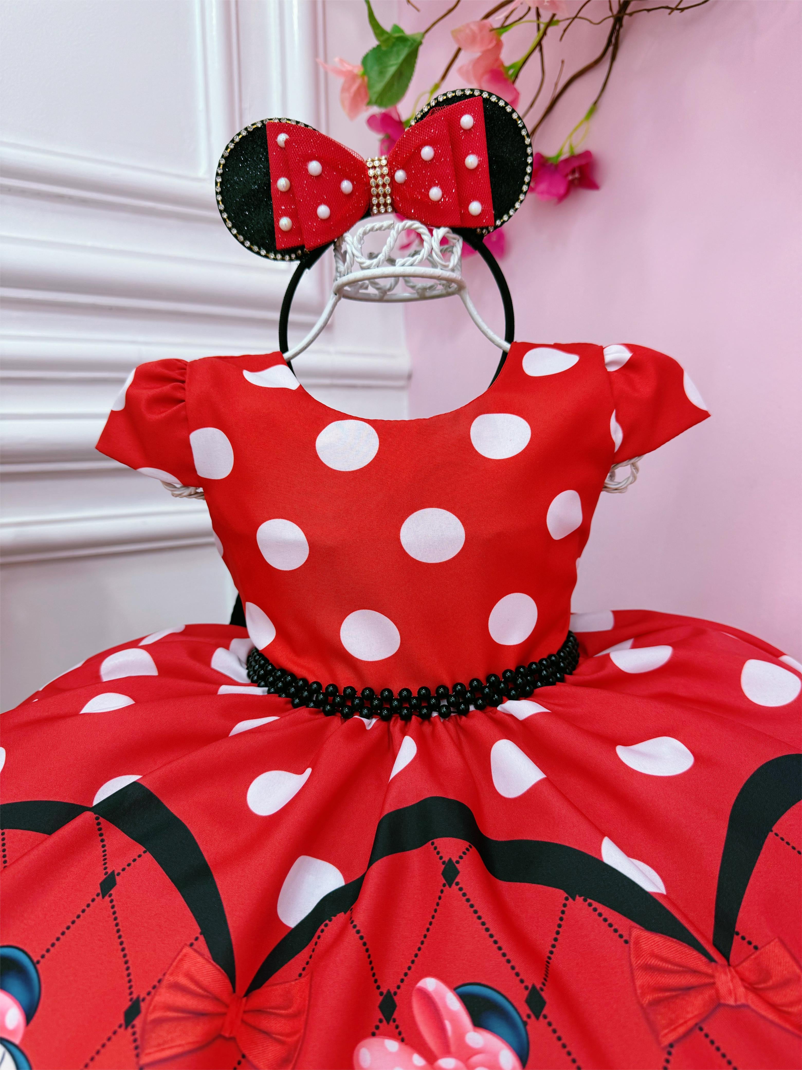 Vestido Infantil Minnie Vermelha C/ Cinto Perolas Festas Luxo