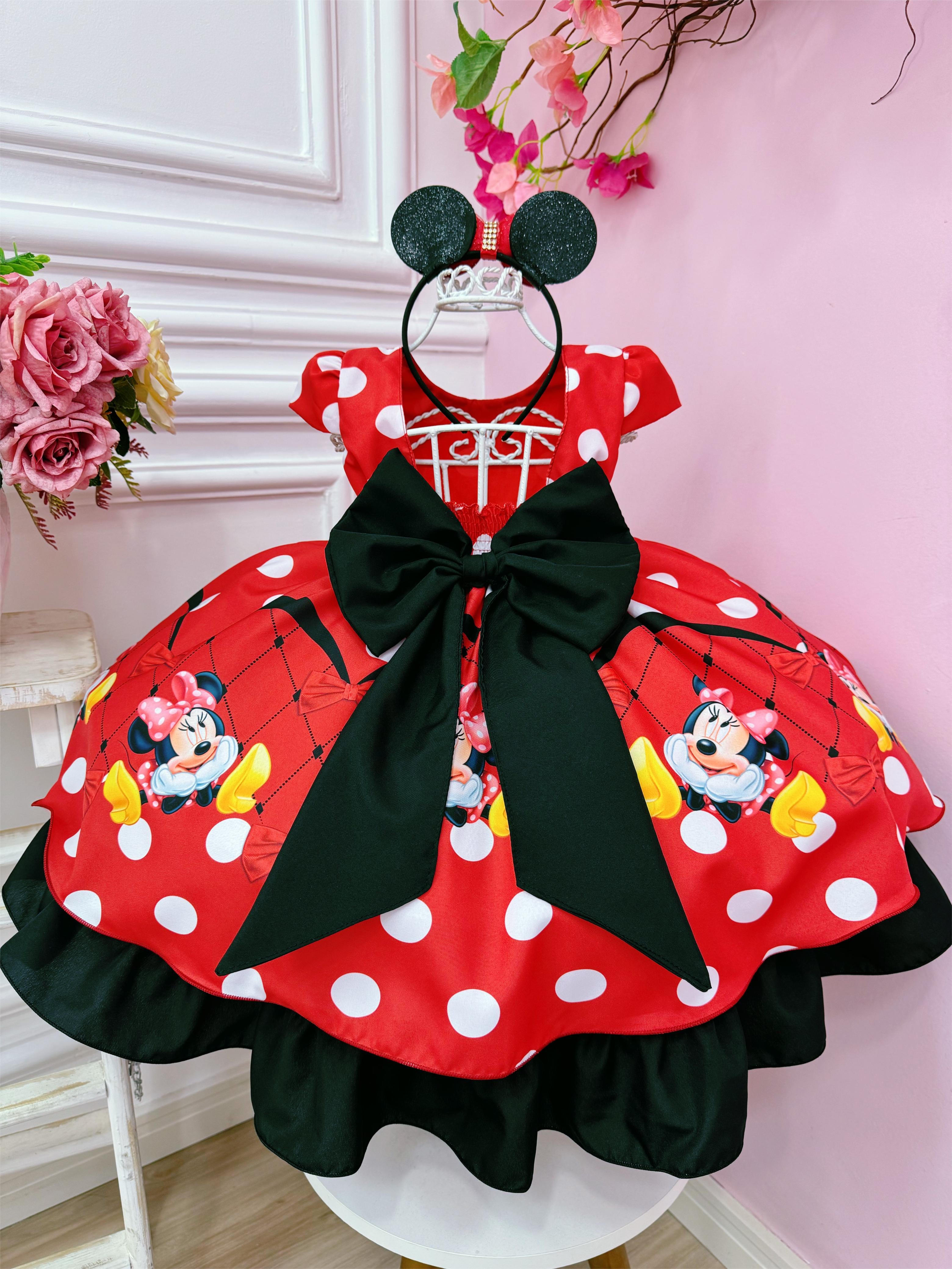 Vestido Infantil Minnie Vermelha C/ Cinto Perolas Festas Luxo