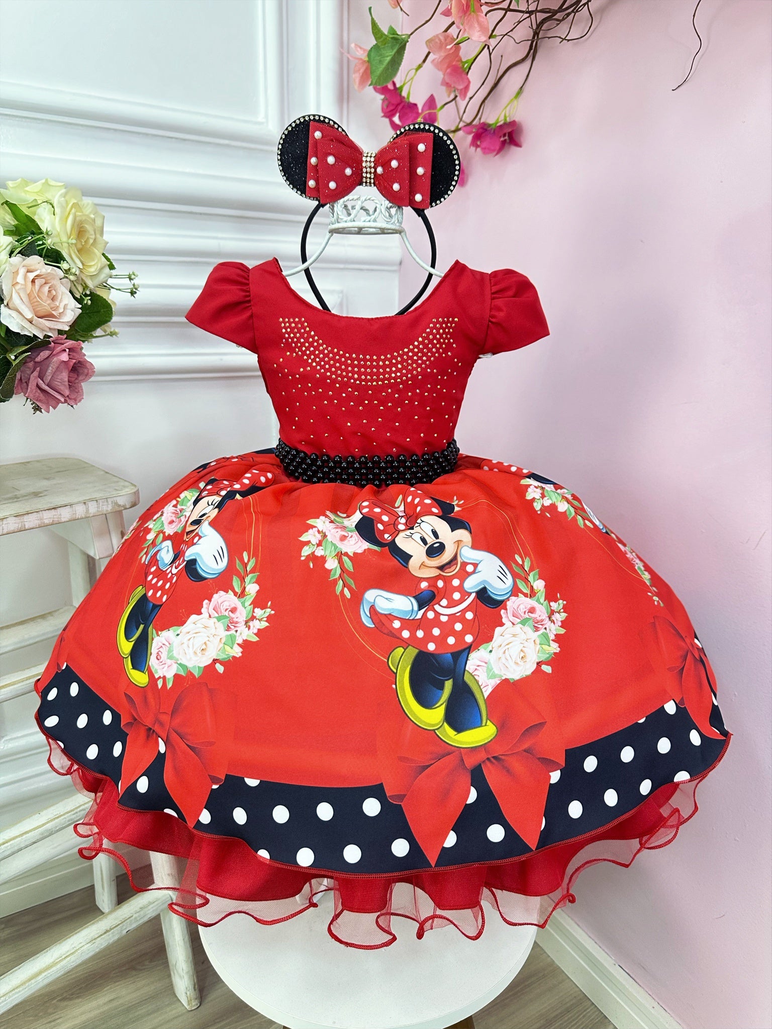 Vestido Infantil Minnie Vermelha Cinto de Pérolas Preto Luxo