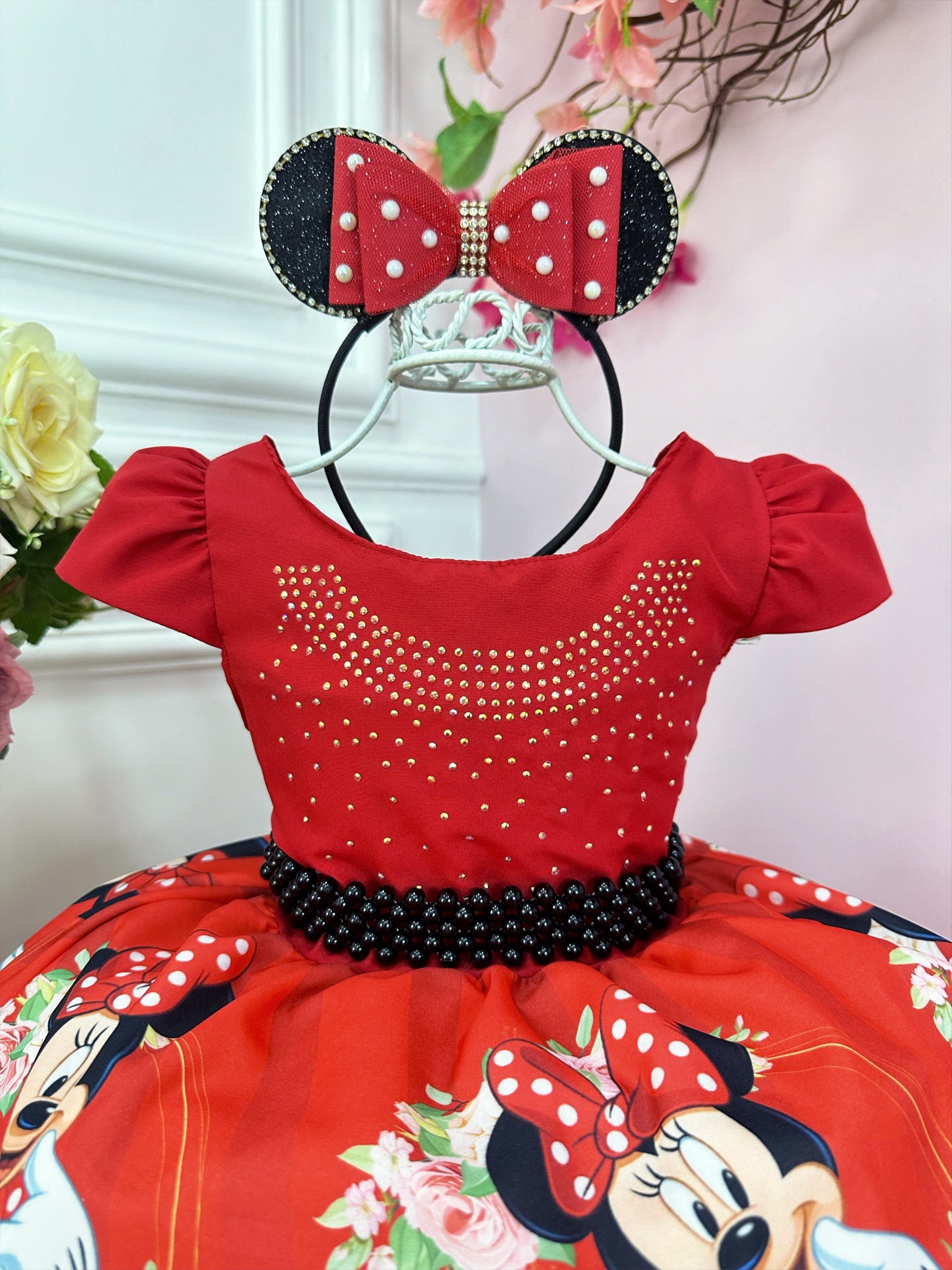 Vestido Infantil Minnie Vermelha Cinto de Pérolas Preto Luxo