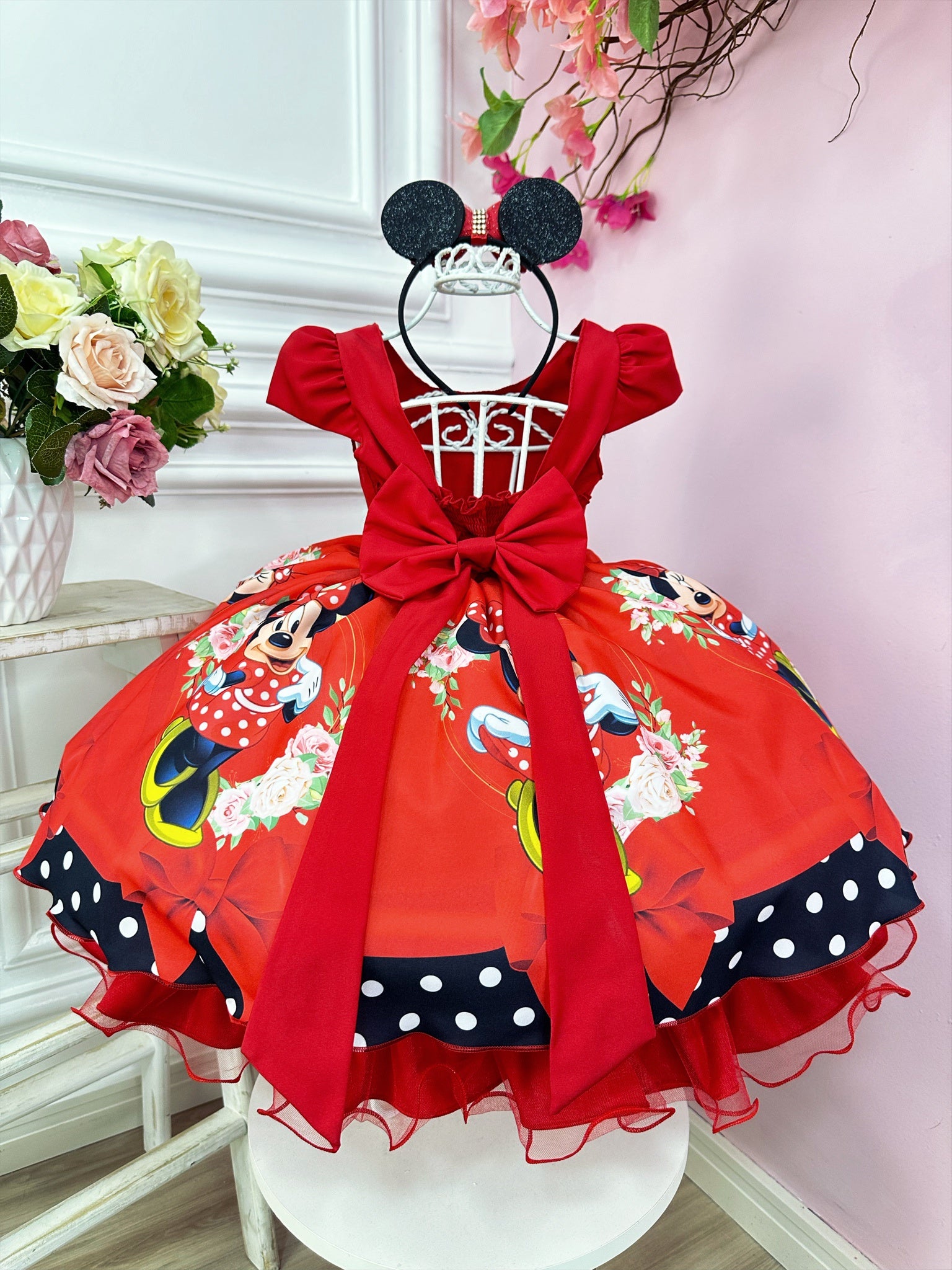 Vestido Infantil Minnie Vermelha Cinto de Pérolas Preto Luxo