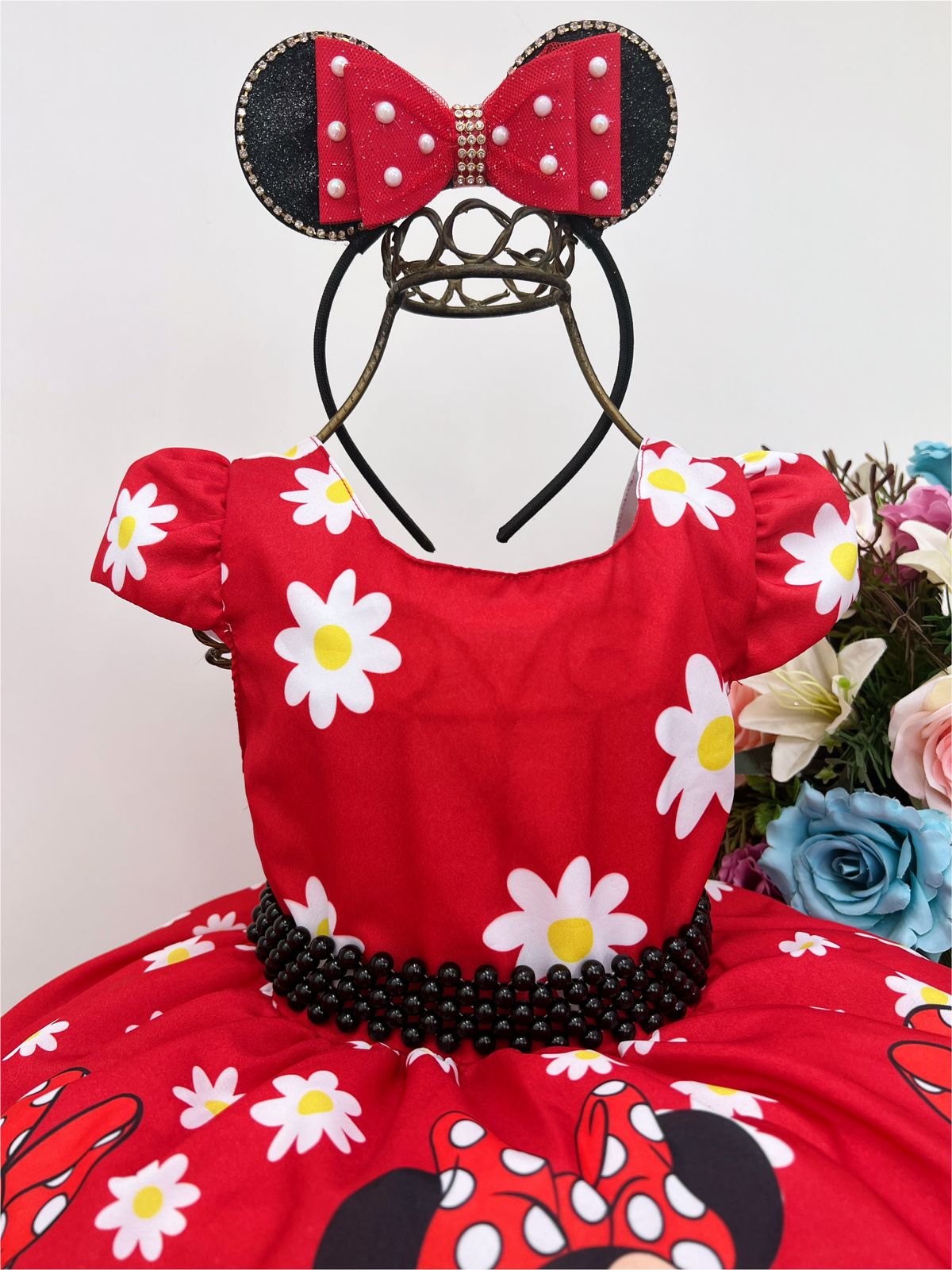 Vestido Infantil Minnie Vermelho Florido C/ Cinto de Pérolas