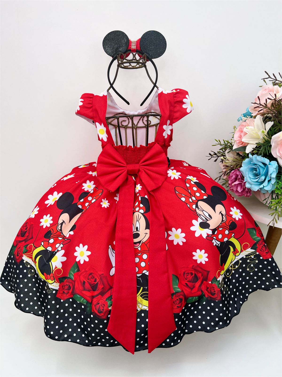 Vestido Infantil Minnie Vermelho Florido C/ Cinto de Pérolas