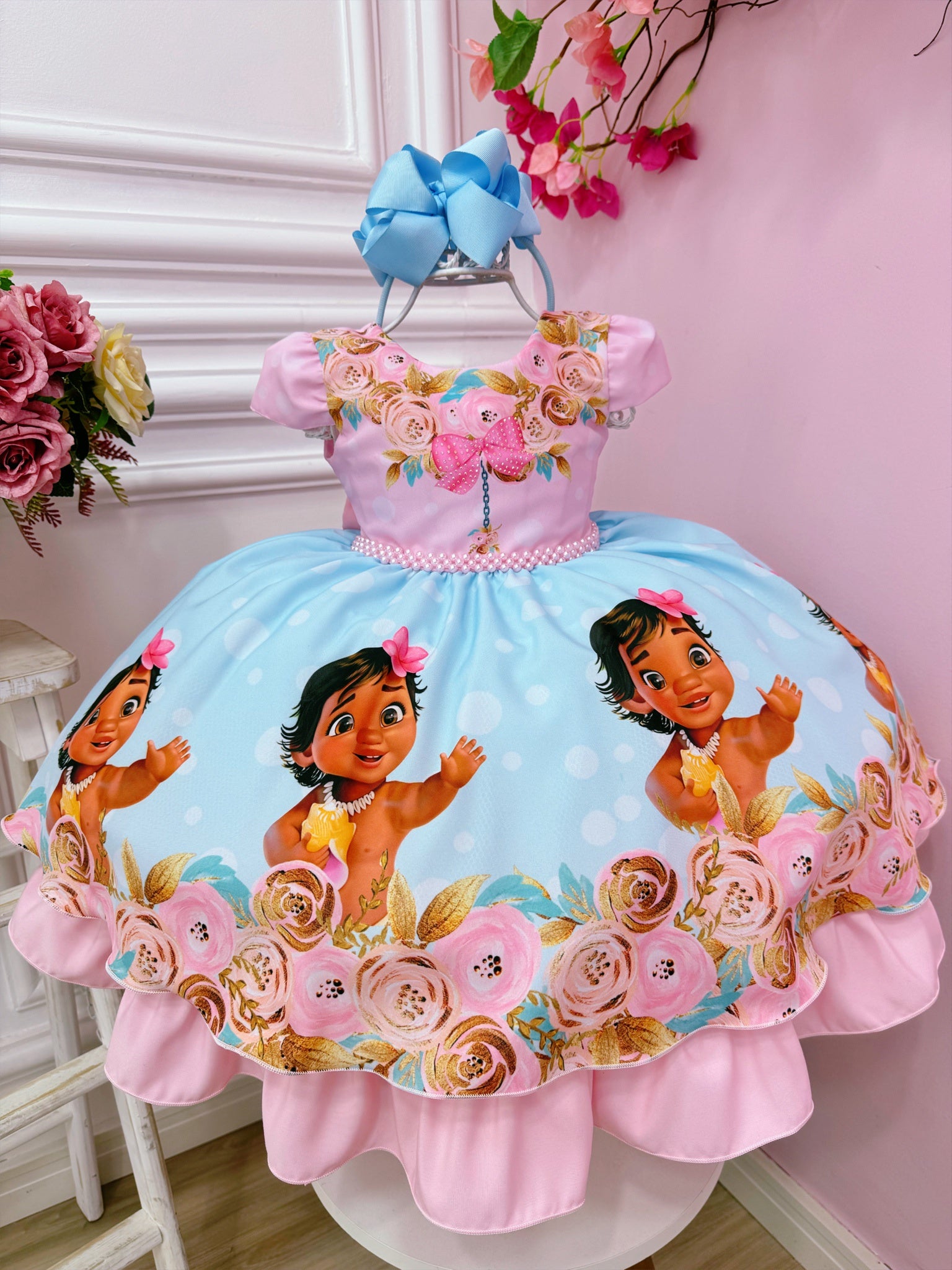 Vestido Infantil Moana Baby Florido Rosa Festas