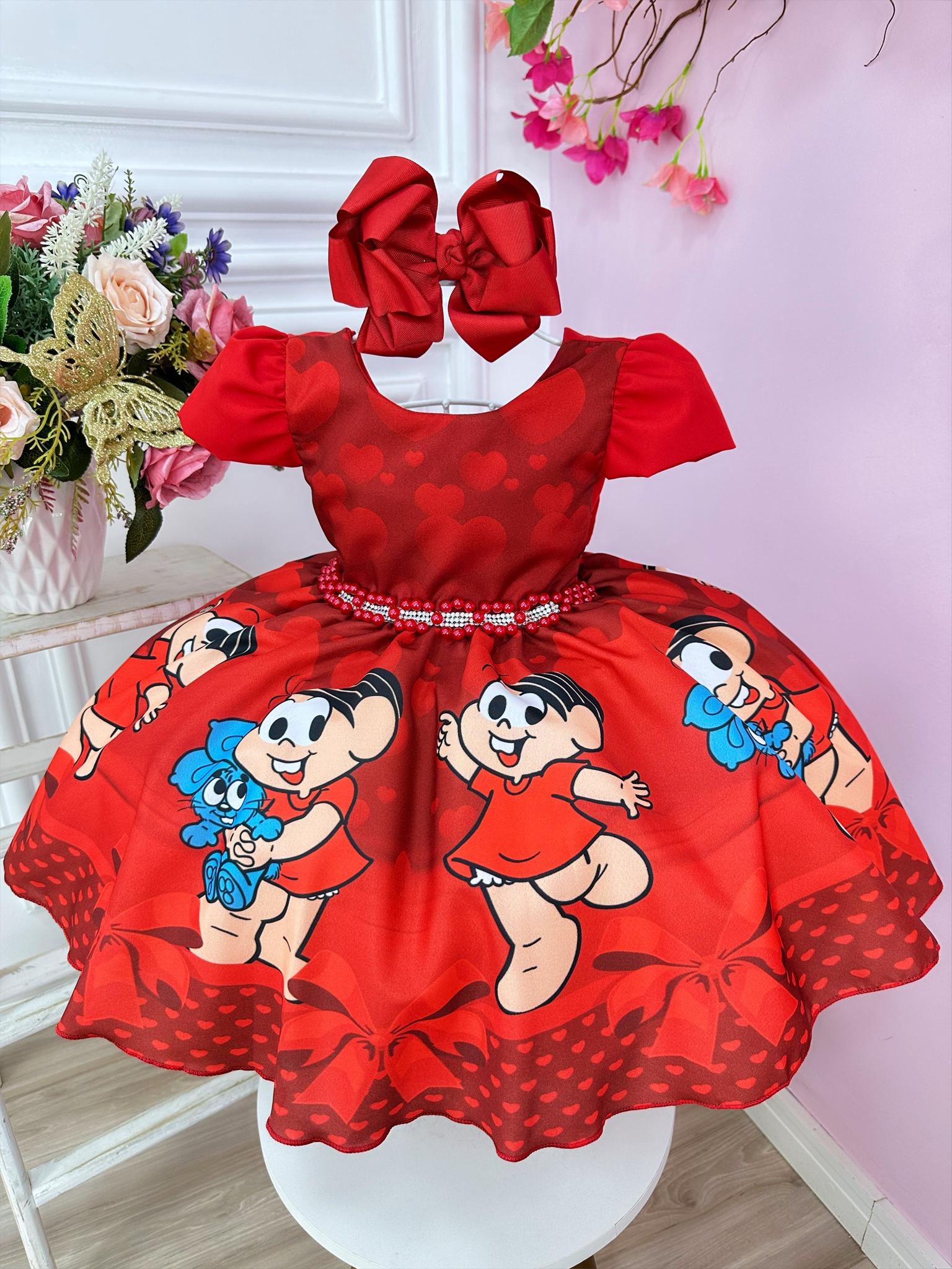 Vestido Infantil Mônica e Sansão Vermelho C/ Cinto Pérolas