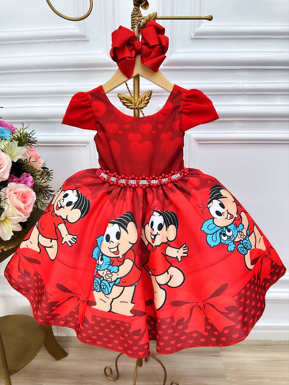 Vestido Infantil Mônica e Sansão Vermelho C/ Cinto Pérolas