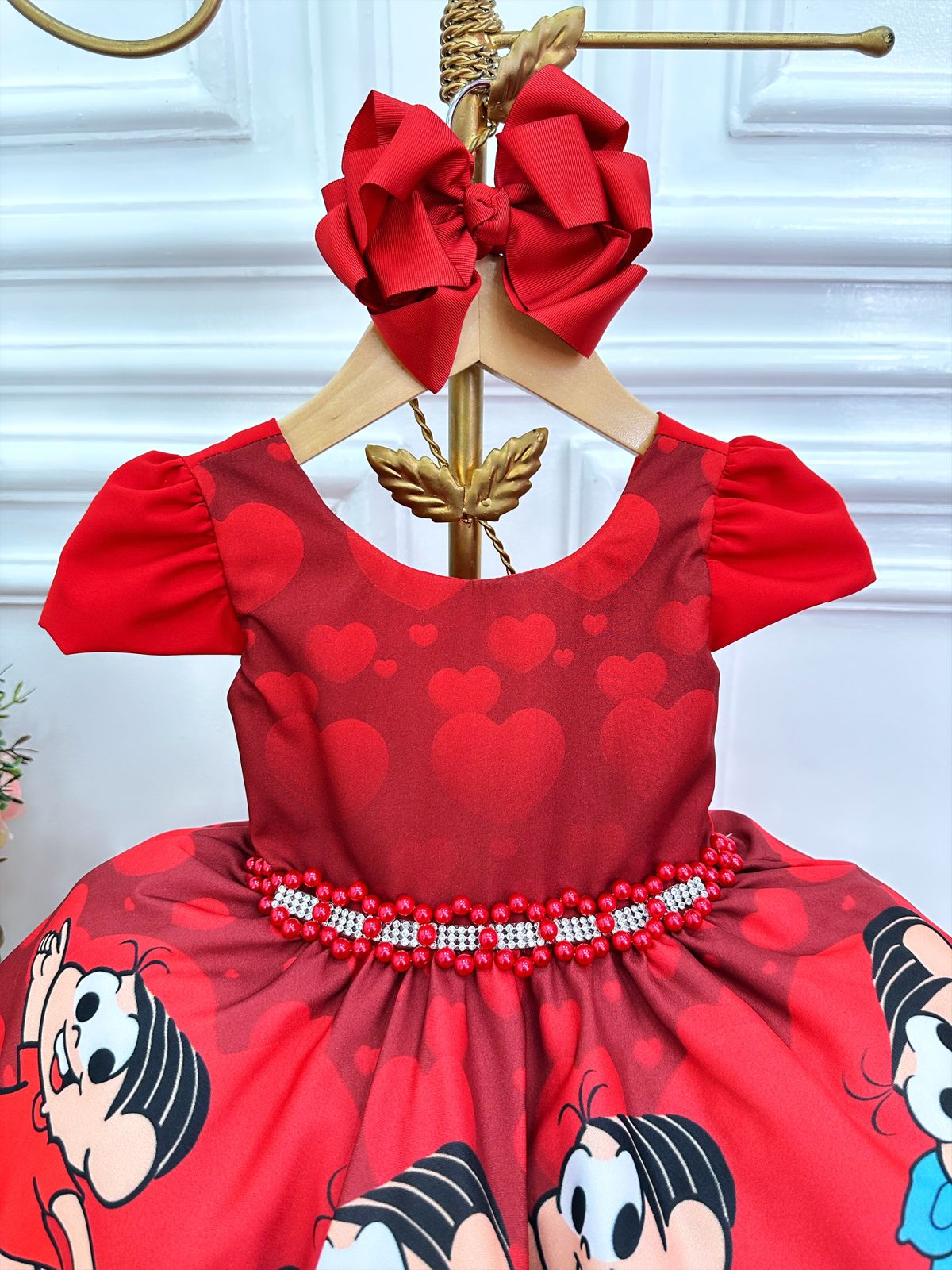 Vestido Infantil Mônica e Sansão Vermelho C/ Cinto Pérolas