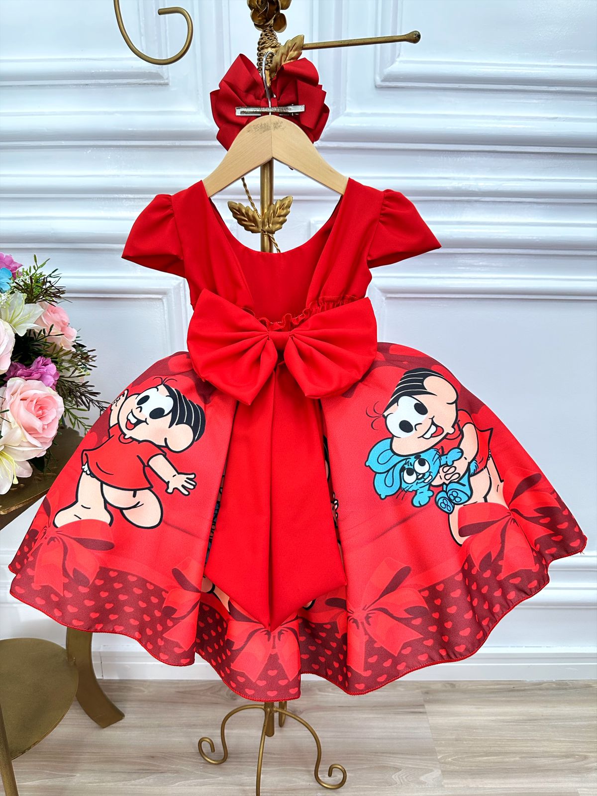 Vestido Infantil Mônica e Sansão Vermelho C/ Cinto Pérolas