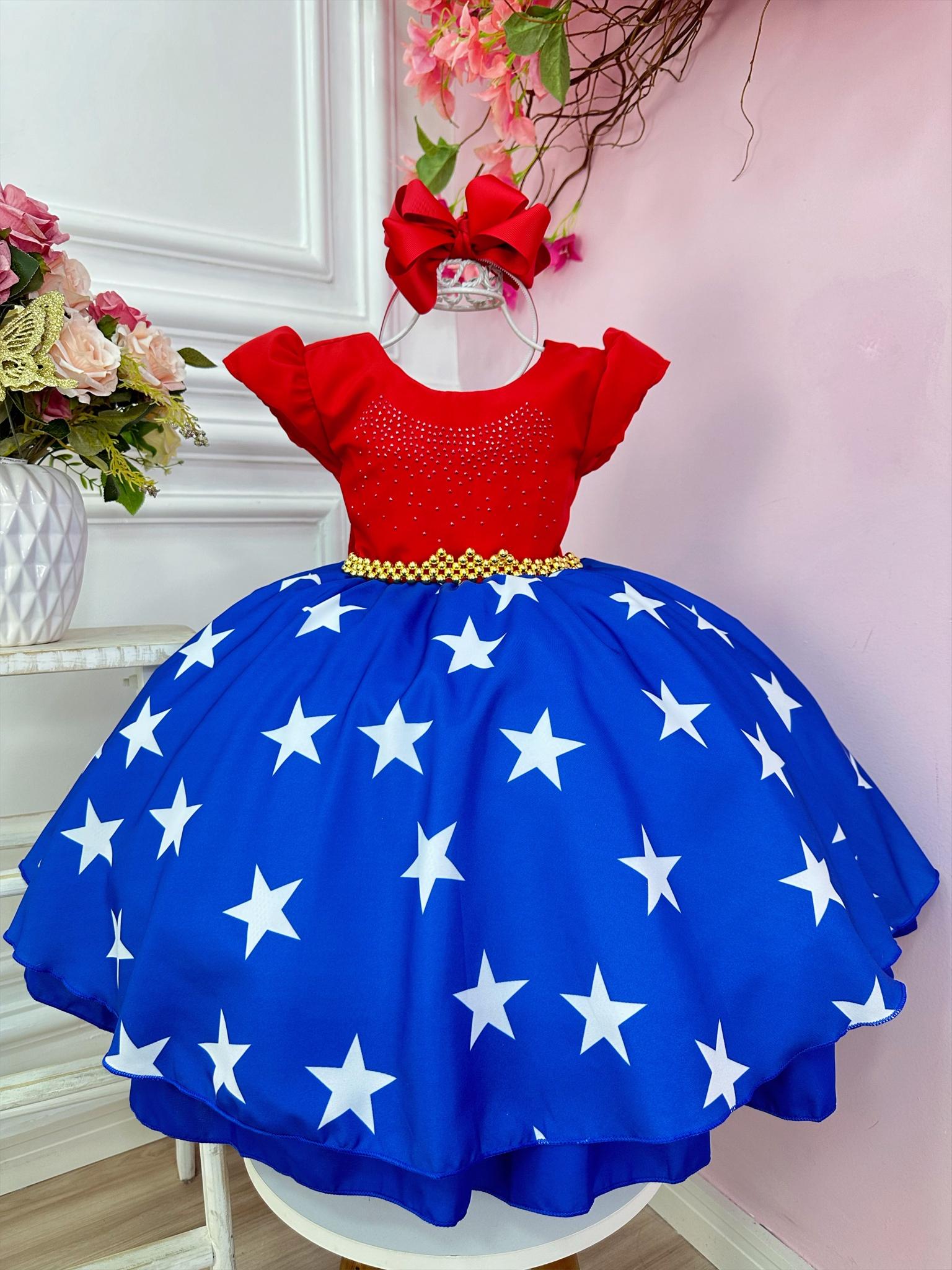 Vestido Infantil Mulher Maravilha C/ Cinto de Pérolas Festas