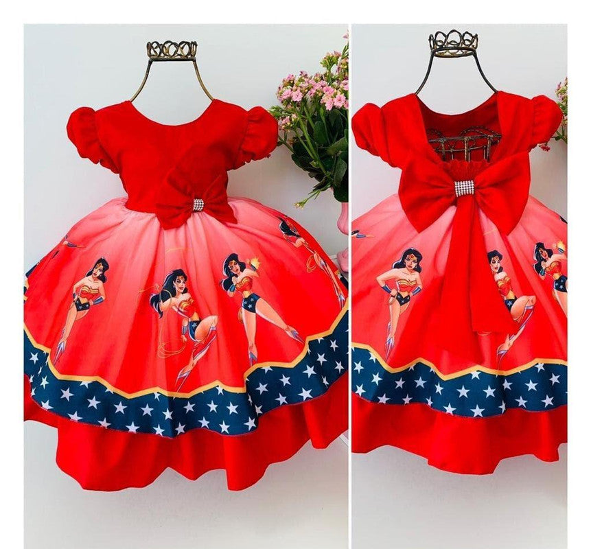 Vestido Infantil Mulher Maravilha Vermelho Festa Luxo