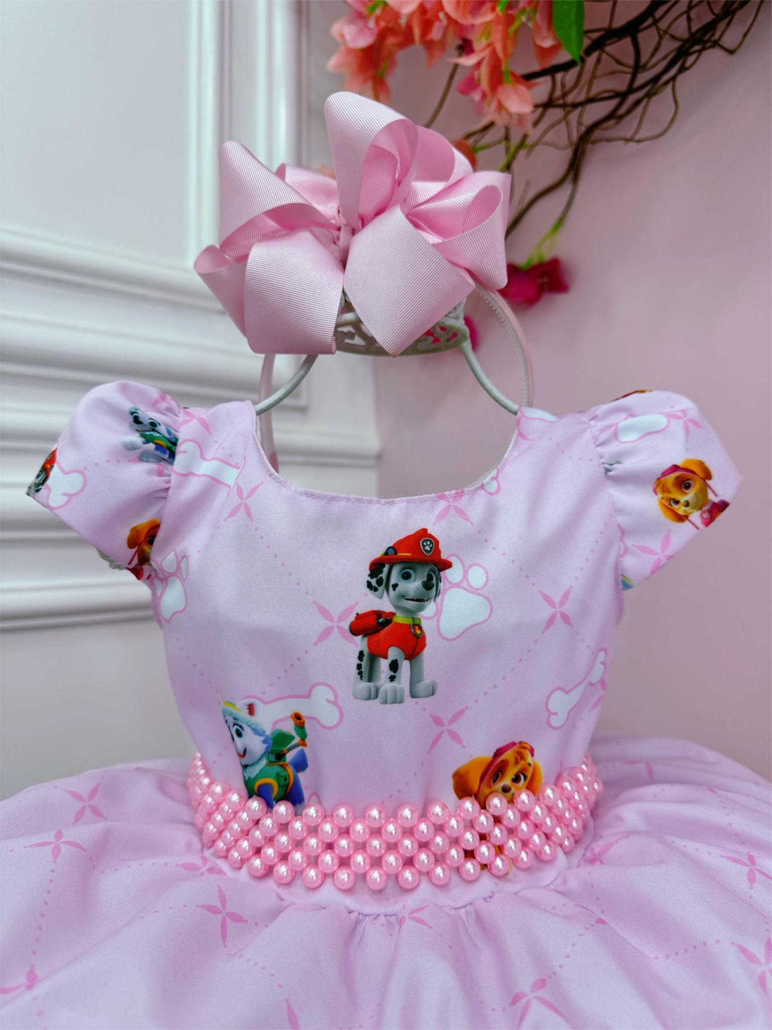 Vestido Infantil Patrulha Canina Rosa C/ Cinto de Pérolas