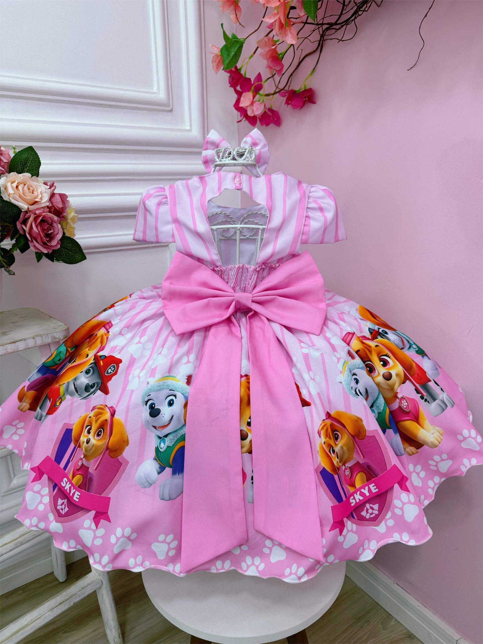 Vestido Infantil Patrulha Canina Rosa Cinto Pérolas Luxo