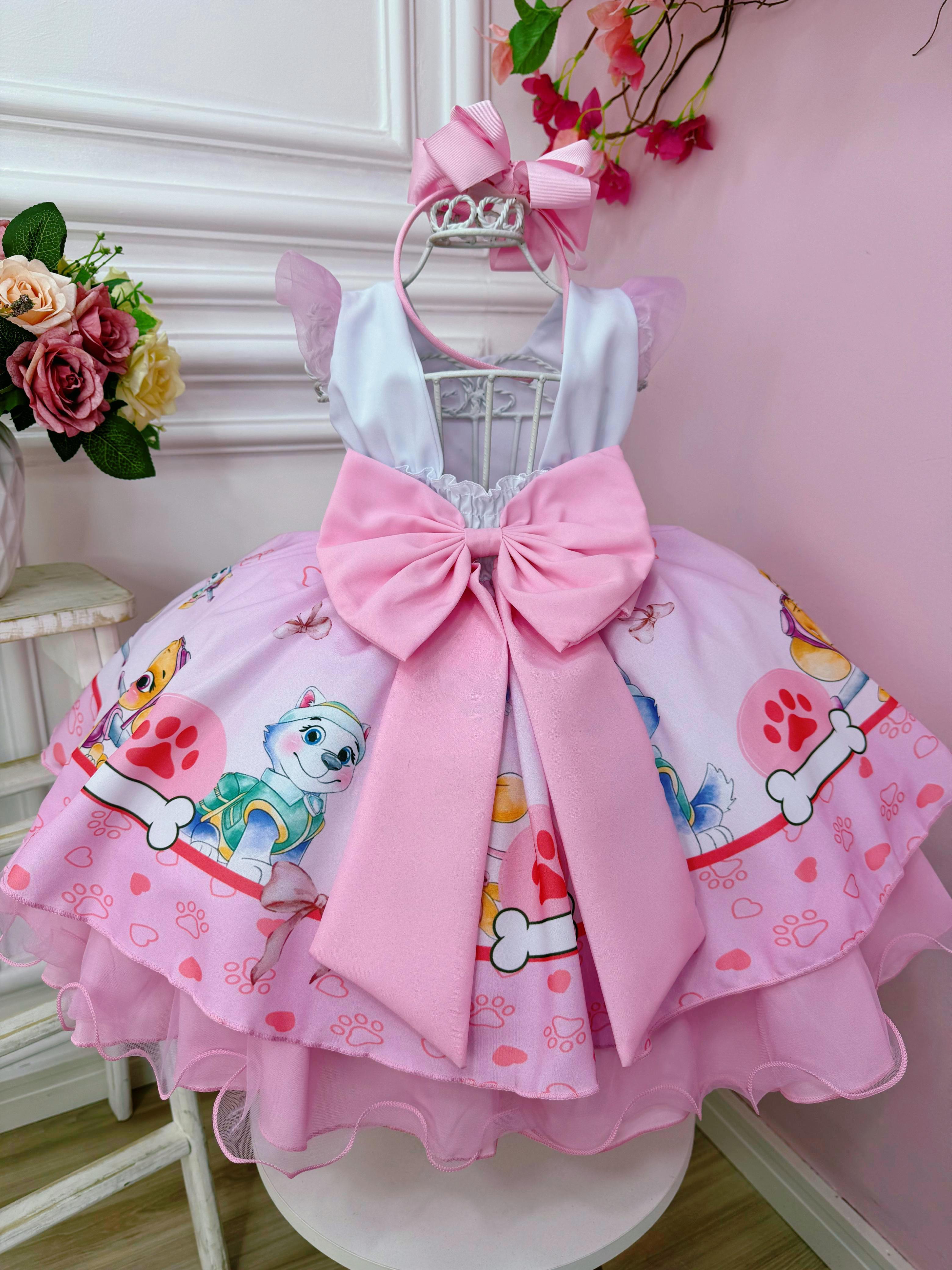 Vestido Infantil Patrulha Canina Sky Rosa C/ Strass Busto