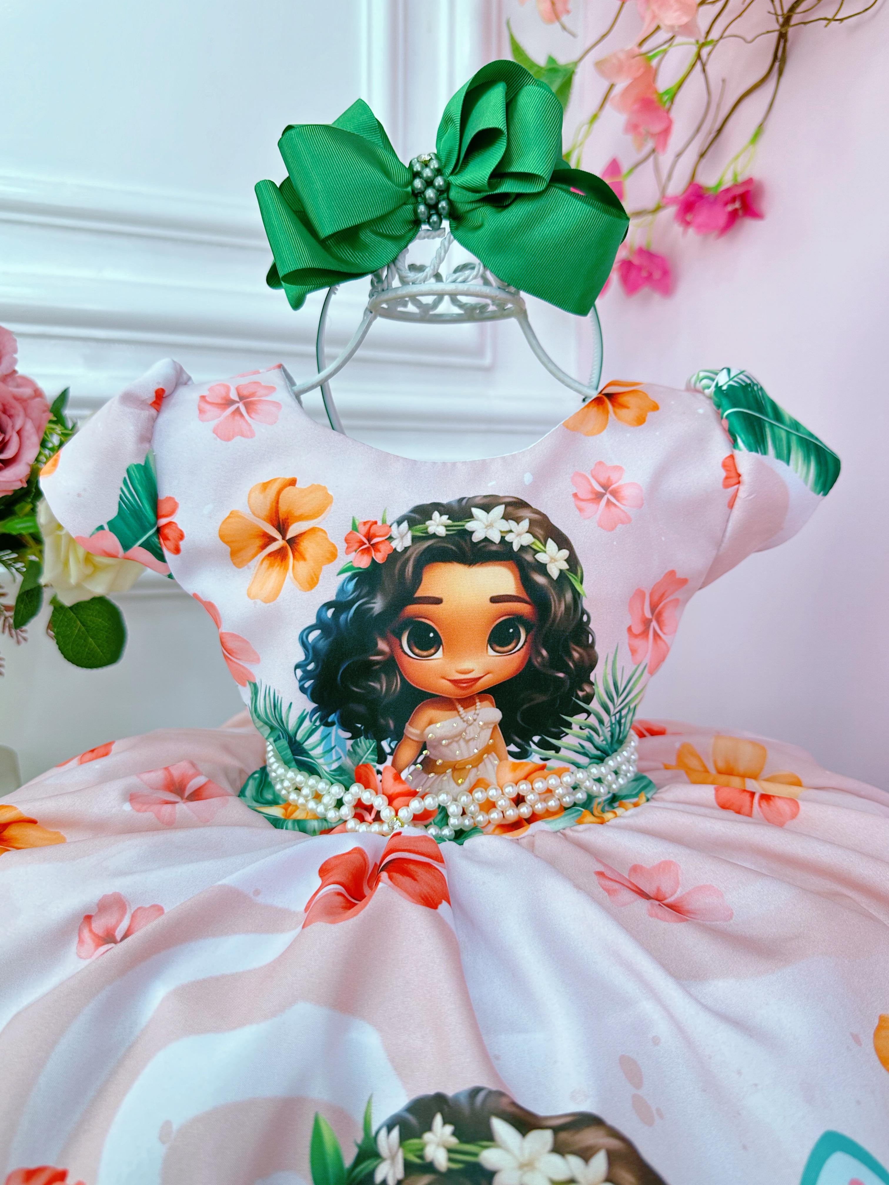 Vestido Infantil Pêssego Moana Doll Florido Luxo Festas