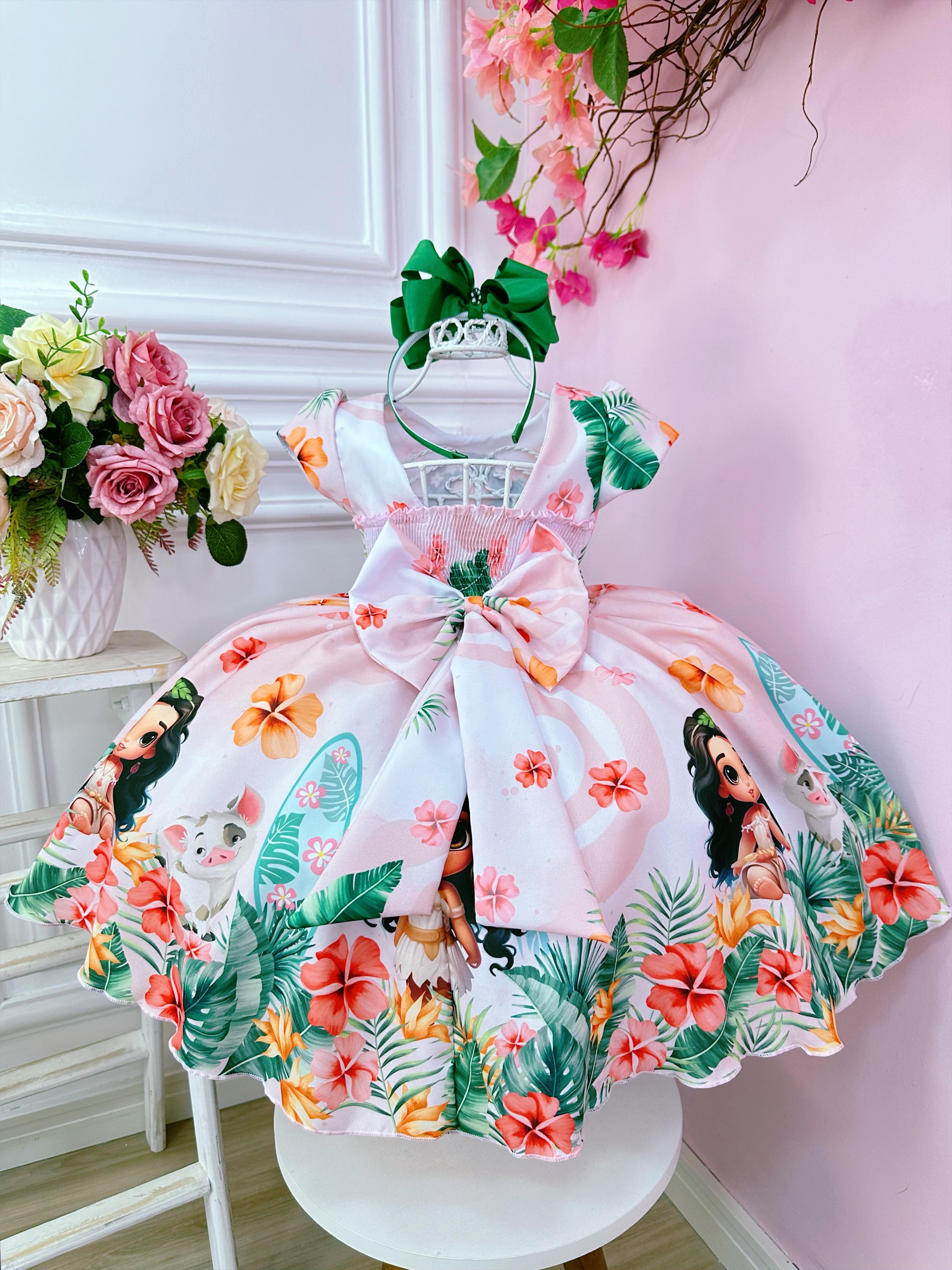 Vestido Infantil Pêssego Moana Doll Florido Luxo Festas