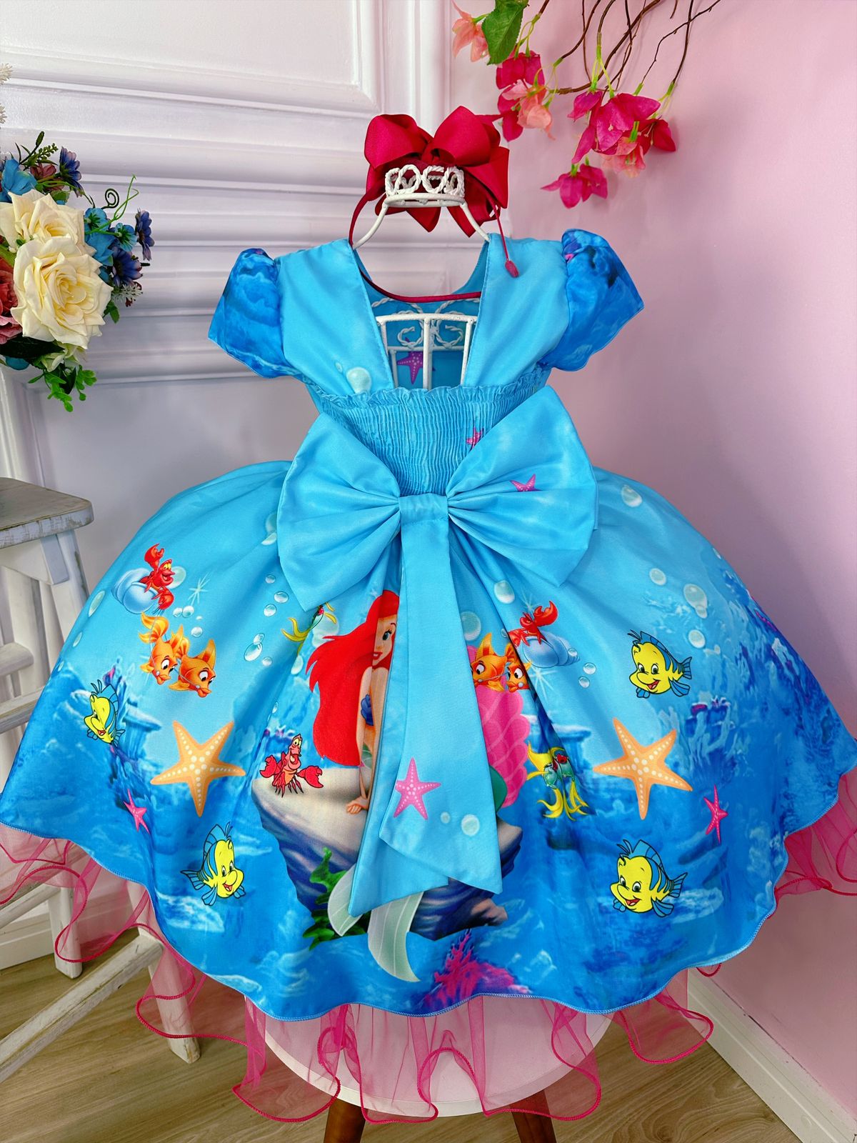 Vestido Infantil Princesa Ariel Sereia Fundo do Mar Azul