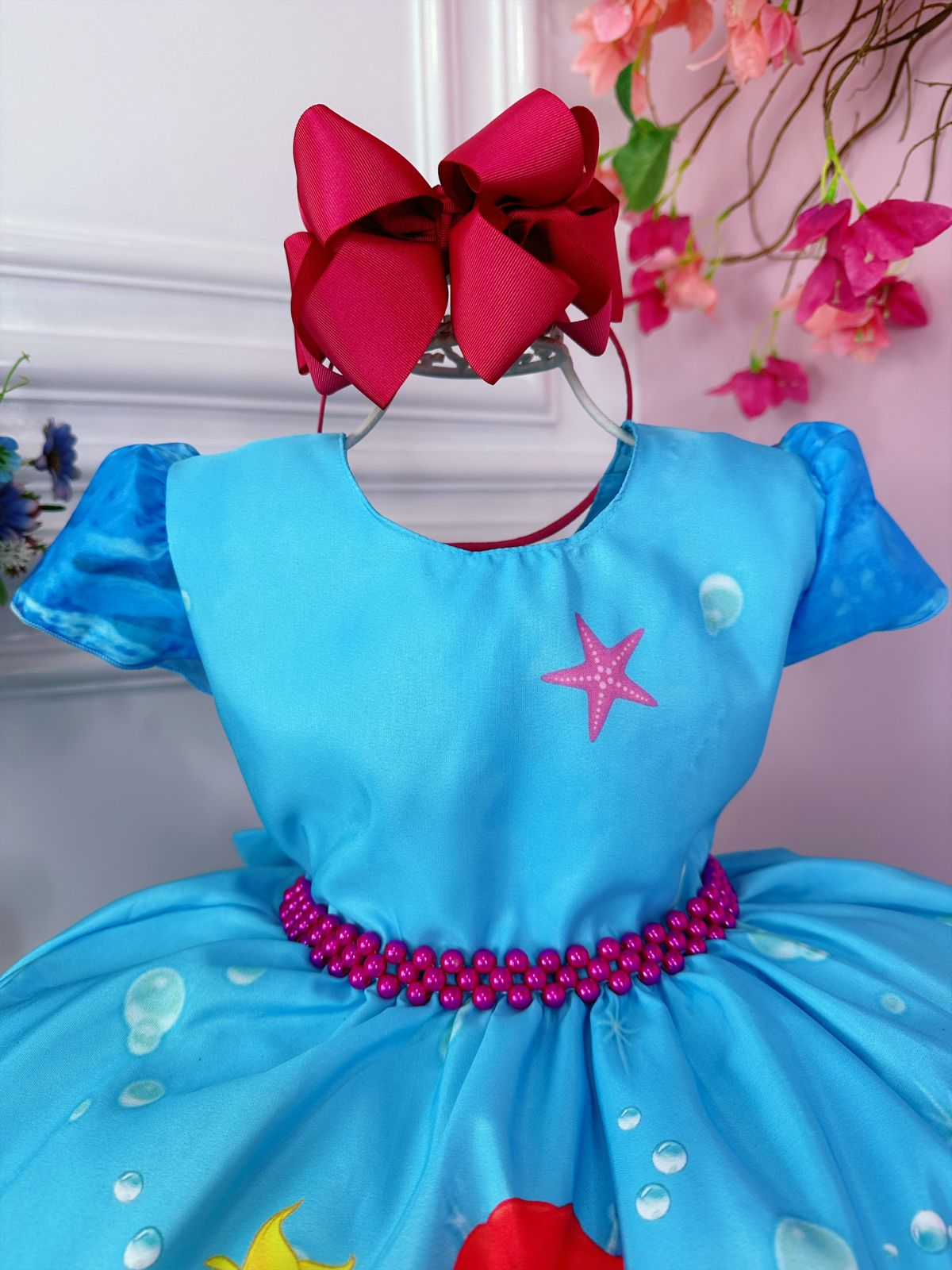 Vestido Infantil Princesa Ariel Sereia Fundo do Mar Azul