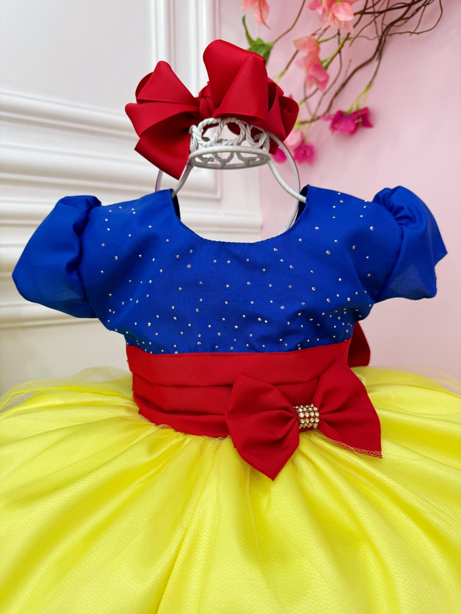 Vestido Infantil Princesa Branca de Neve C/ Strass e Broche