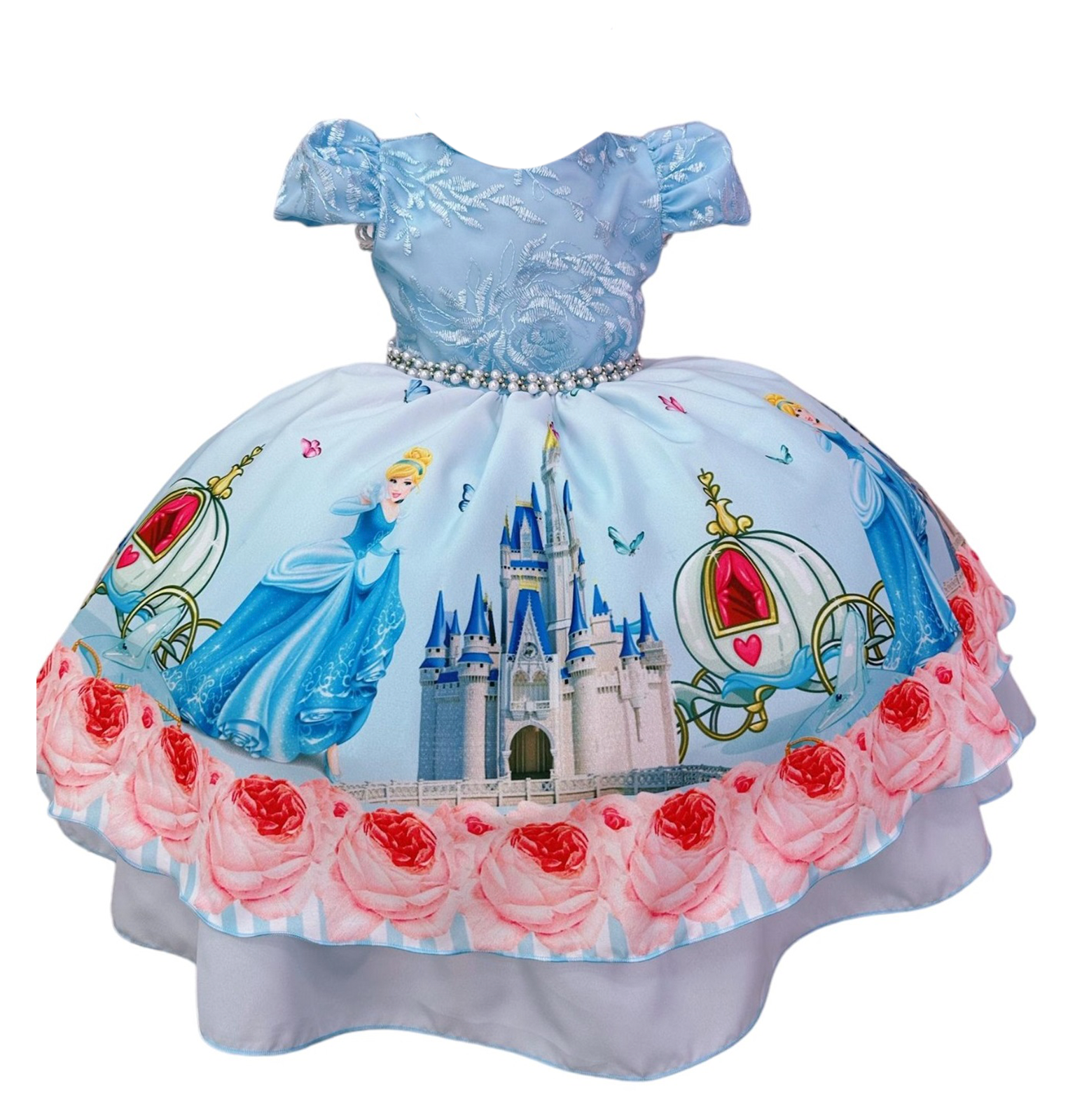 Vestido Infantil Princesa Cinderela Azul C/ Renda e Pérolas