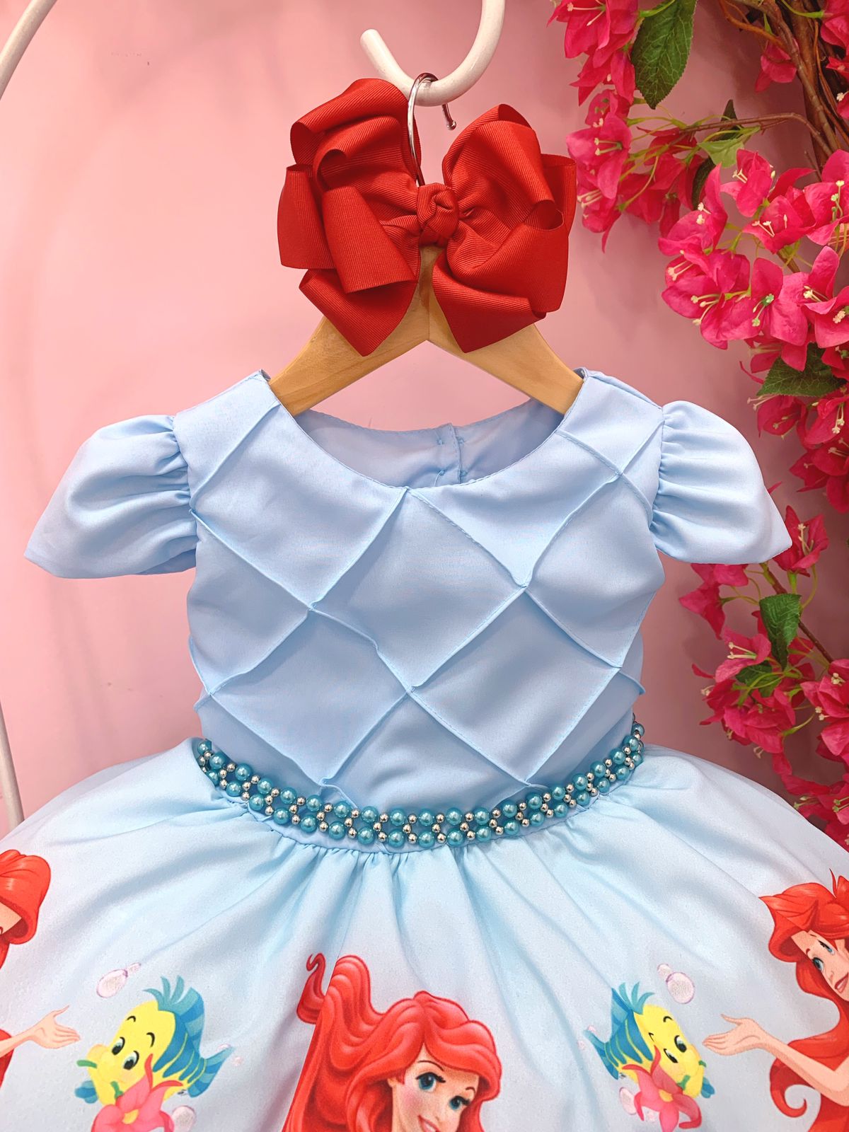 Vestido Infantil Princesa Sereia Ariel Azul Cinto Pérolas