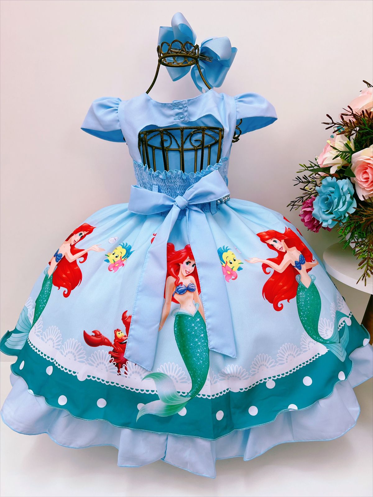 Vestido Infantil Princesa Sereia Ariel Azul Strass Pérolas