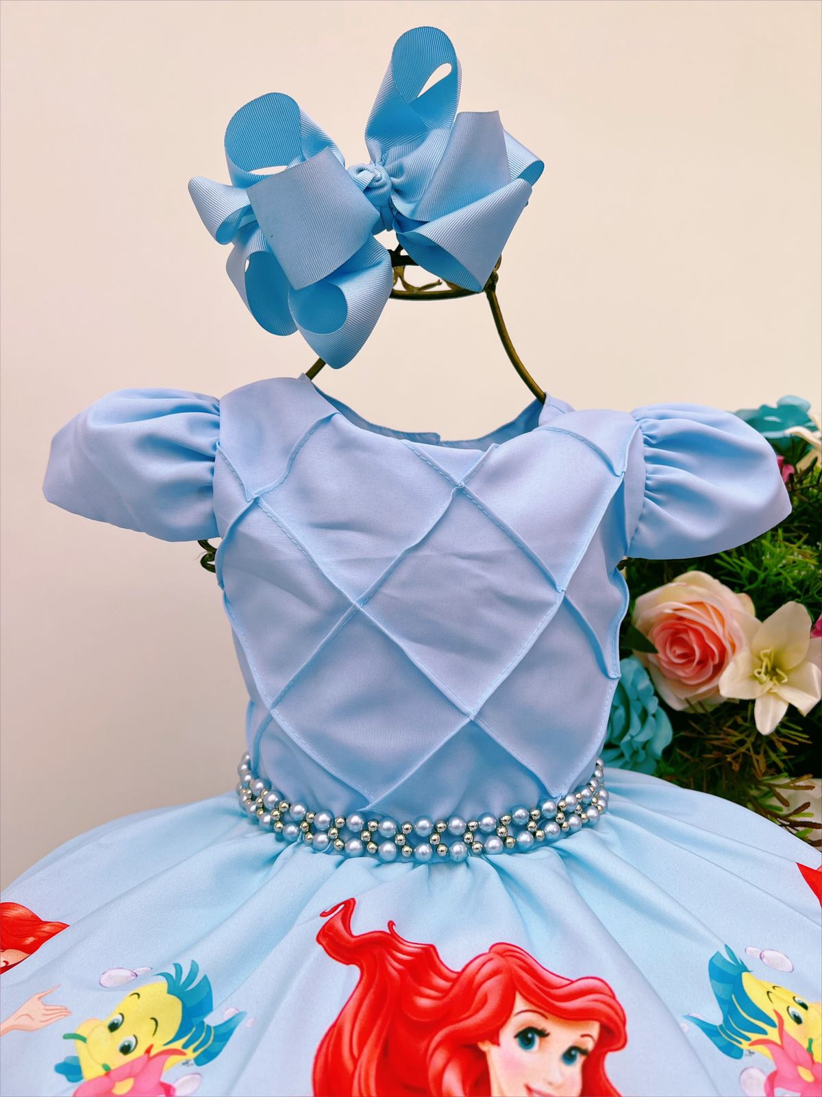 Vestido Infantil Princesa Sereia Ariel Azul Strass Pérolas