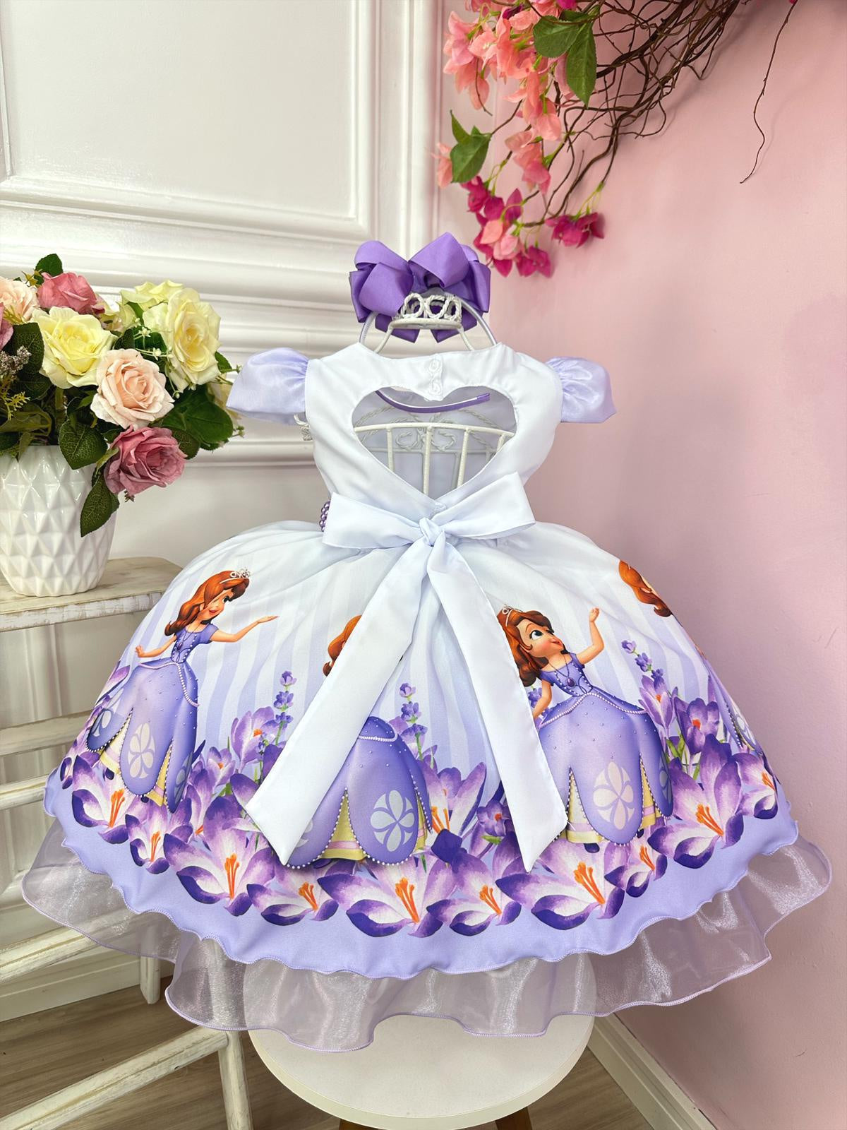 Vestido Infantil Princesa Sofia Lilás Aplique Pérolas Luxo