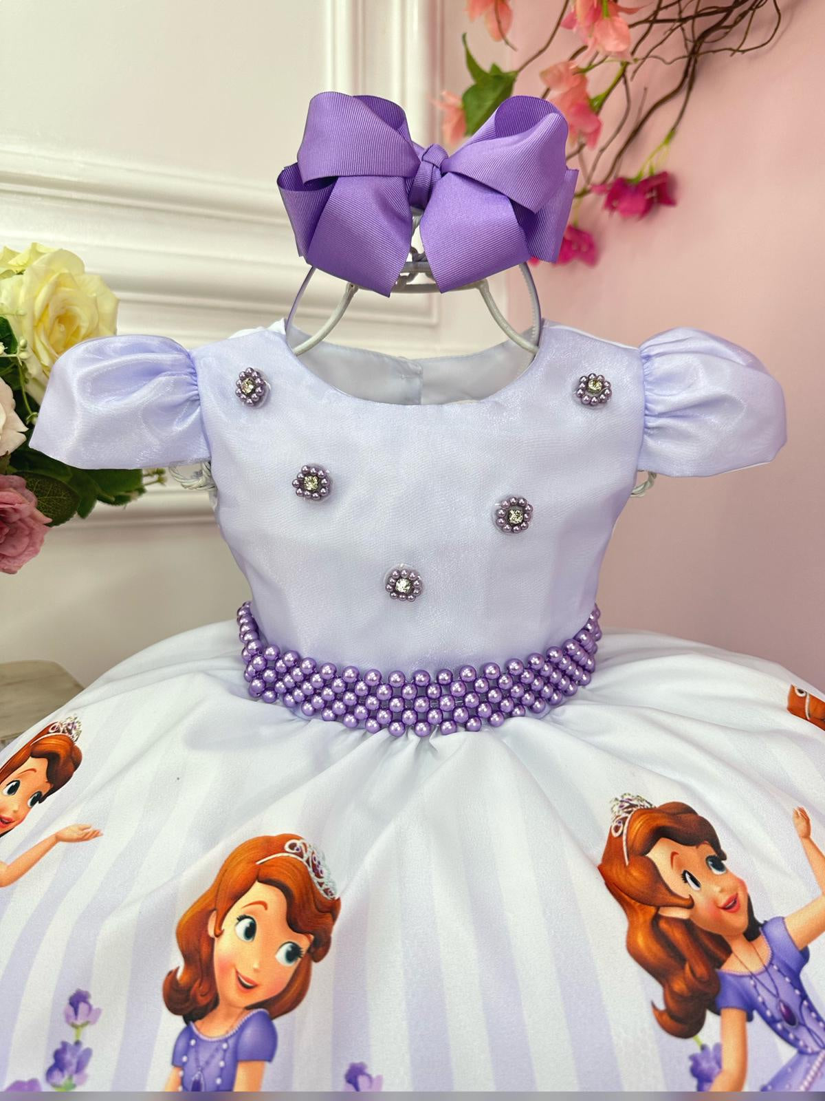 Vestido Infantil Princesa Sofia Lilás Aplique Pérolas Luxo