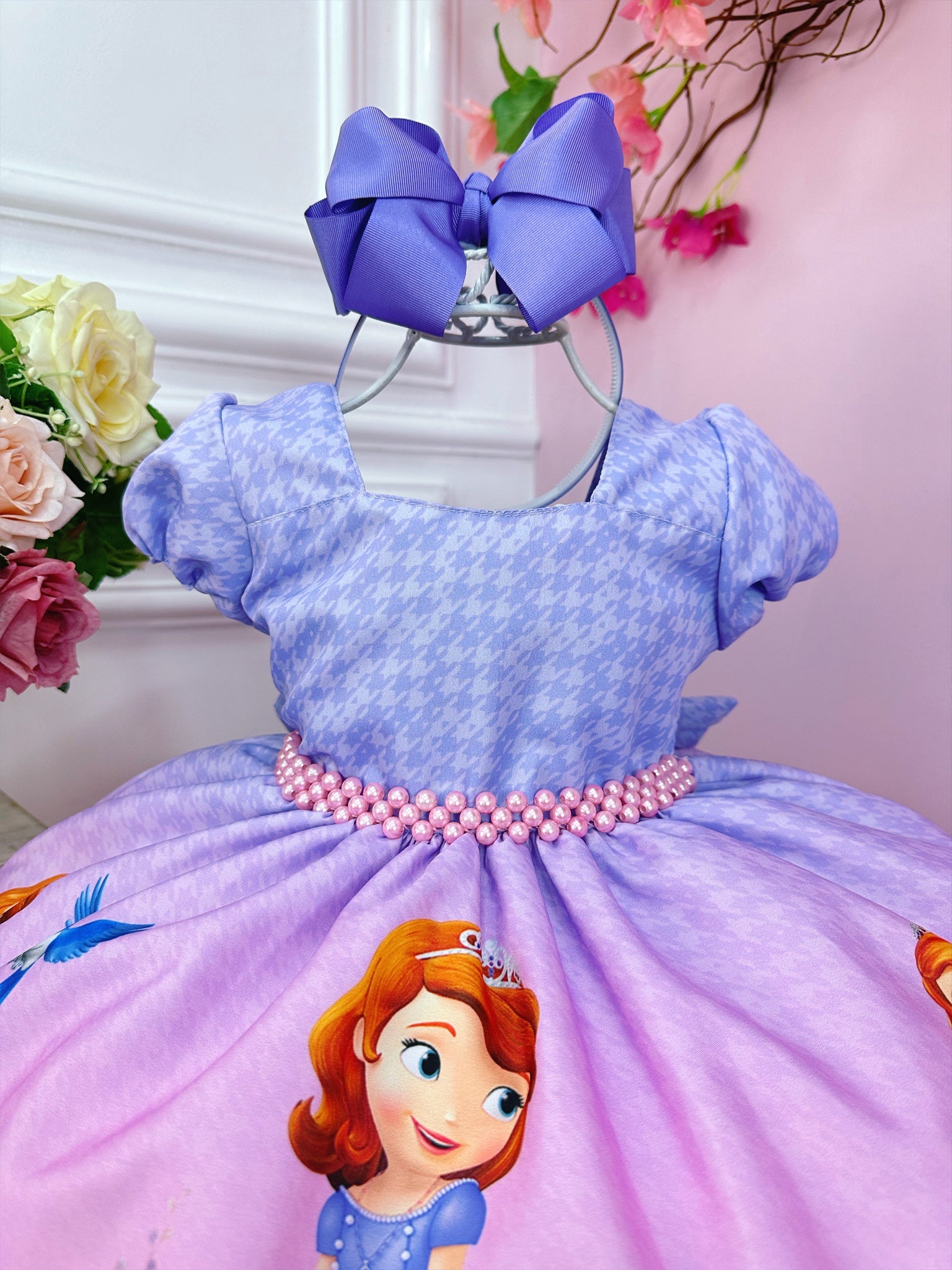 Vestido Infantil Princesa Sofia Lilás C/ Cinto de Pérolas