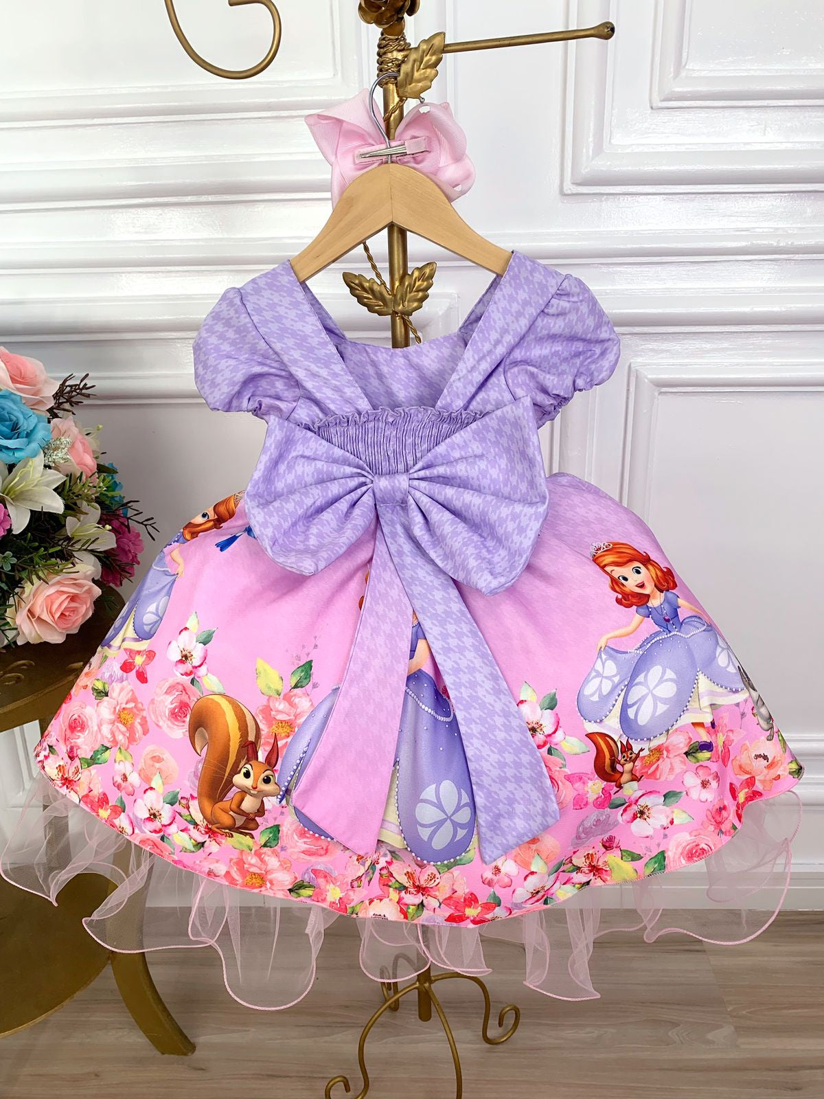 Vestido Infantil Princesa Sofia Lilás C/ Cinto de Pérolas