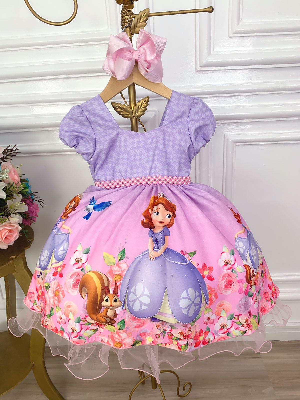 Vestido Infantil Princesa Sofia Lilás C/ Cinto de Pérolas