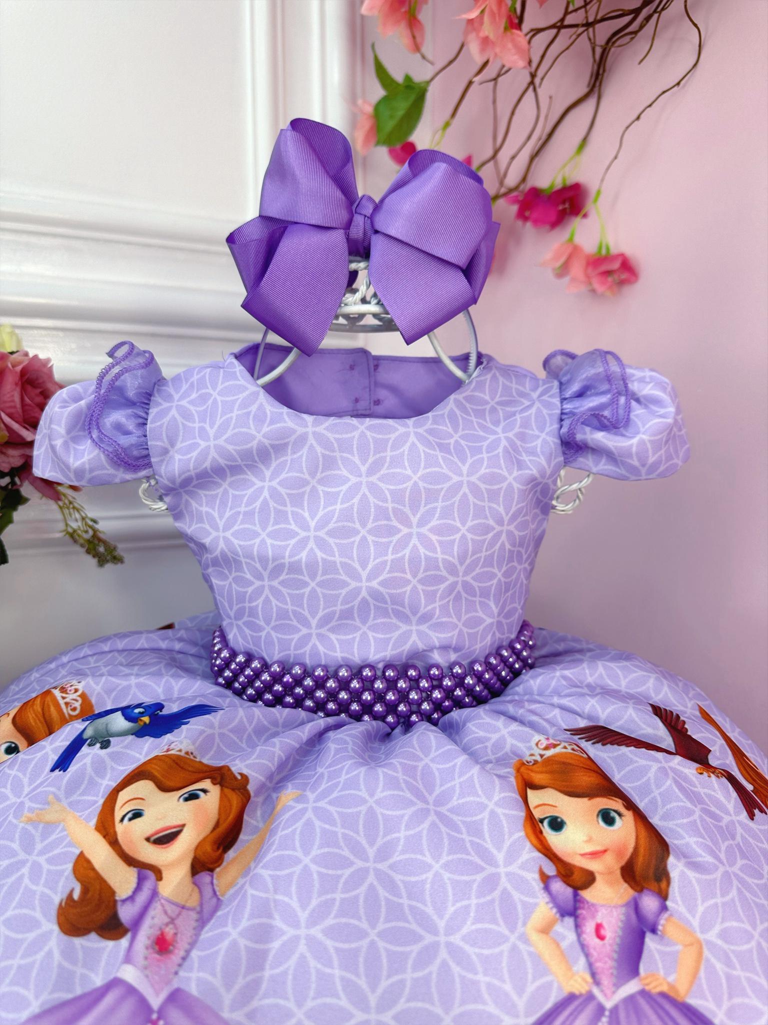 Vestido Infantil Princesa Sofia Lilás Festas C/ Pérolas