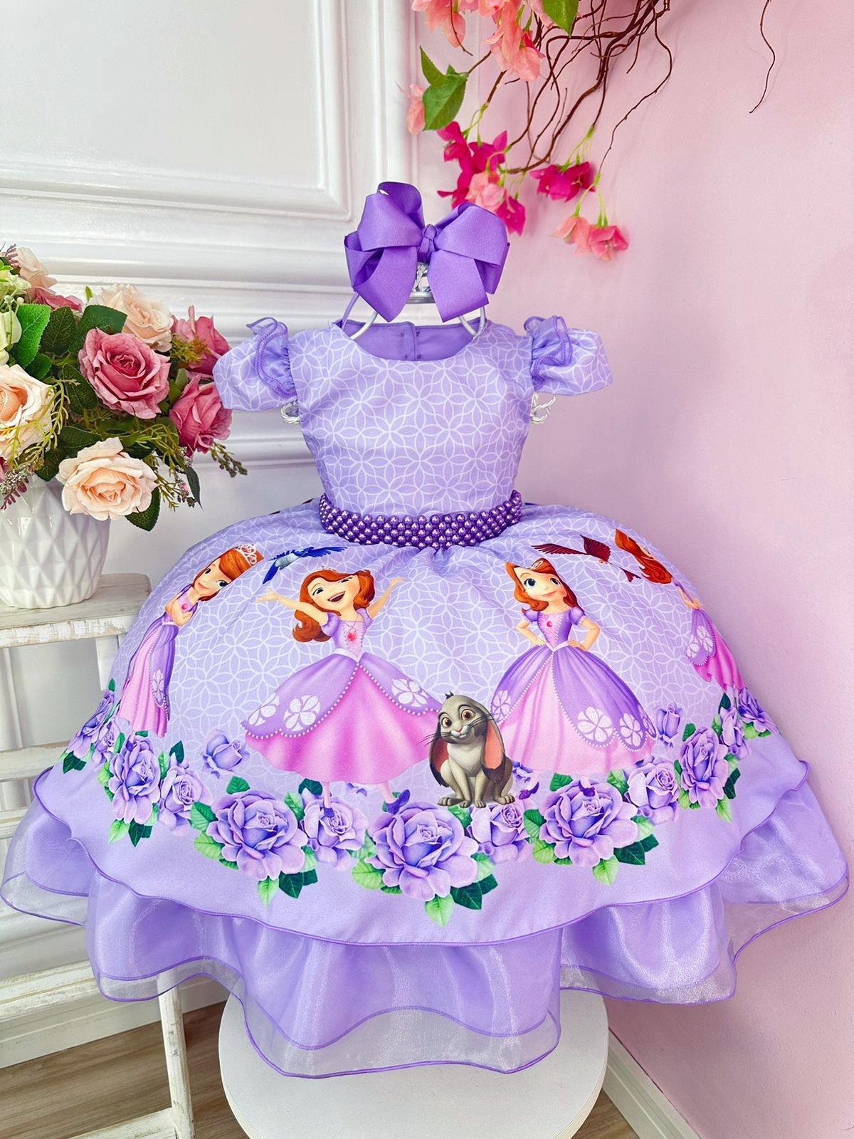 Vestido Infantil Princesa Sofia Lilás Festas C/ Pérolas