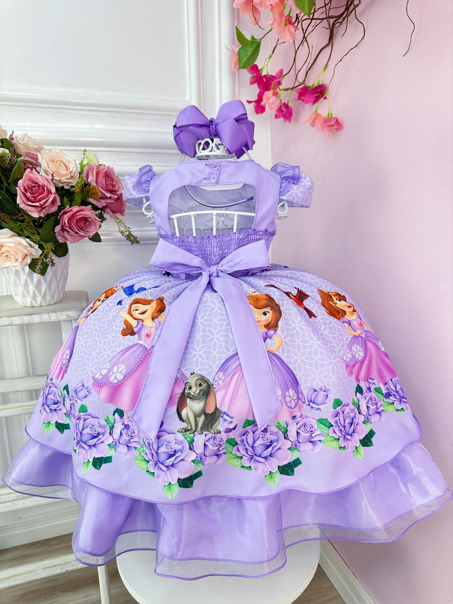 Vestido Infantil Princesa Sofia Lilás Festas C/ Pérolas